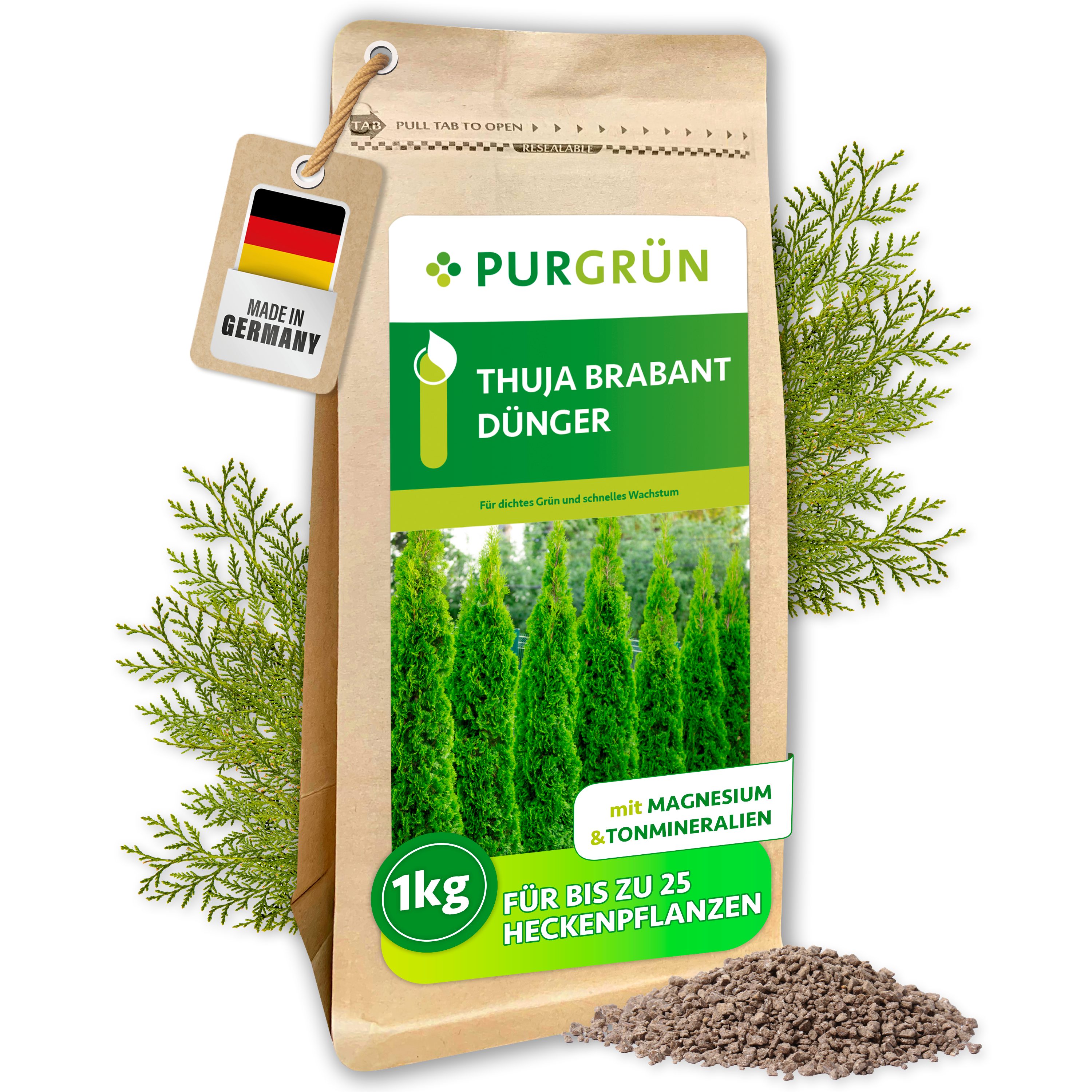 Purgrün Gartendünger Thuja Brabant Dünger, NPK 8+4+5, für dichte Hecken, 1 kg, Granulat, 1-St., 1 kg