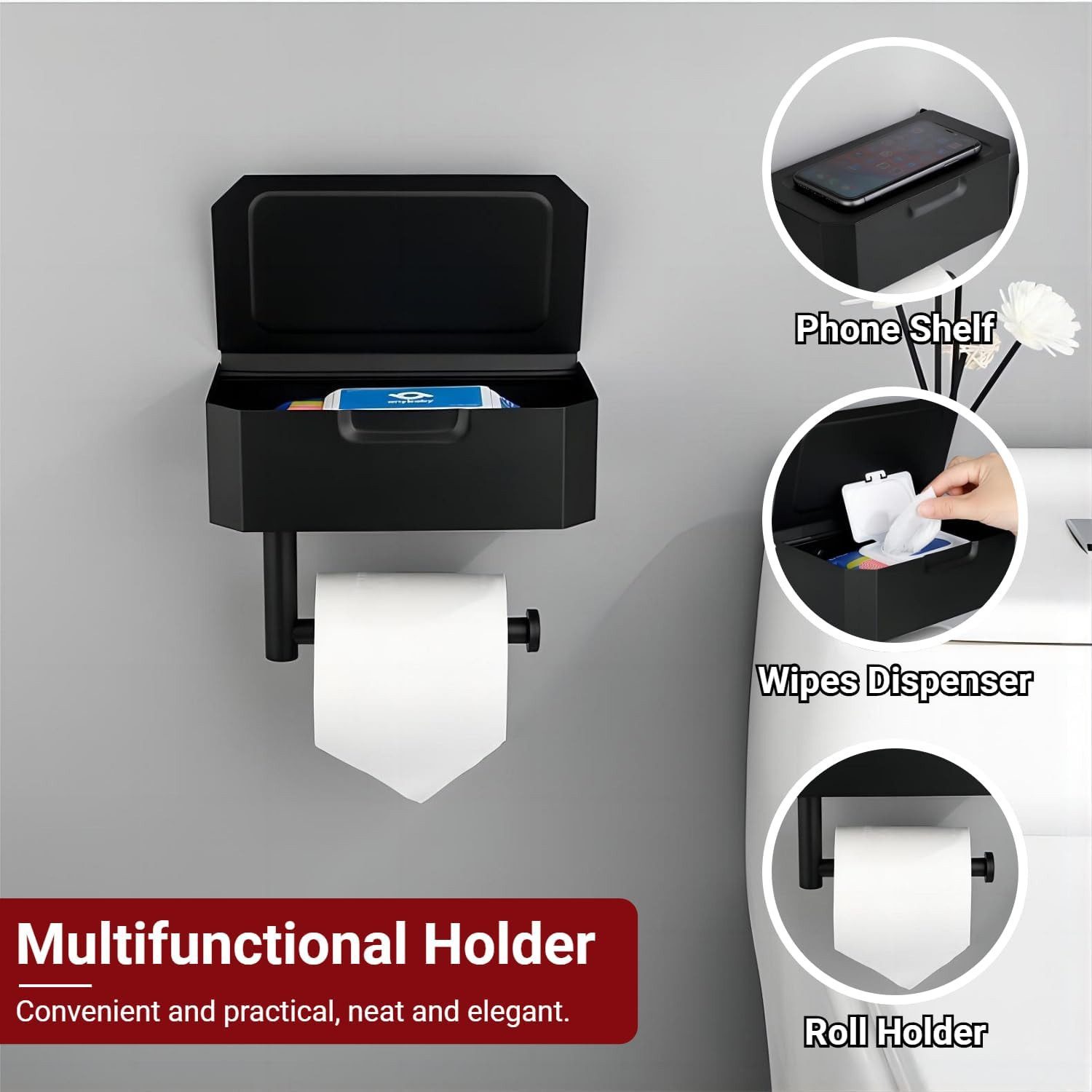 SURFOU Toilettenpapierhalter Ohne Bohren Klopapierhalter mit Feuchttücherbox Wandmontierter (Spar-set, Toilettenpapierhalter aus rostfreiem Edelstahl, Edelstahl, Papier Halterung mit 21 cm Ablage. mit Bohrfreie Aufkleber), mit Tücherbox, Hohe Tragfähigkeit, Einfache Installation