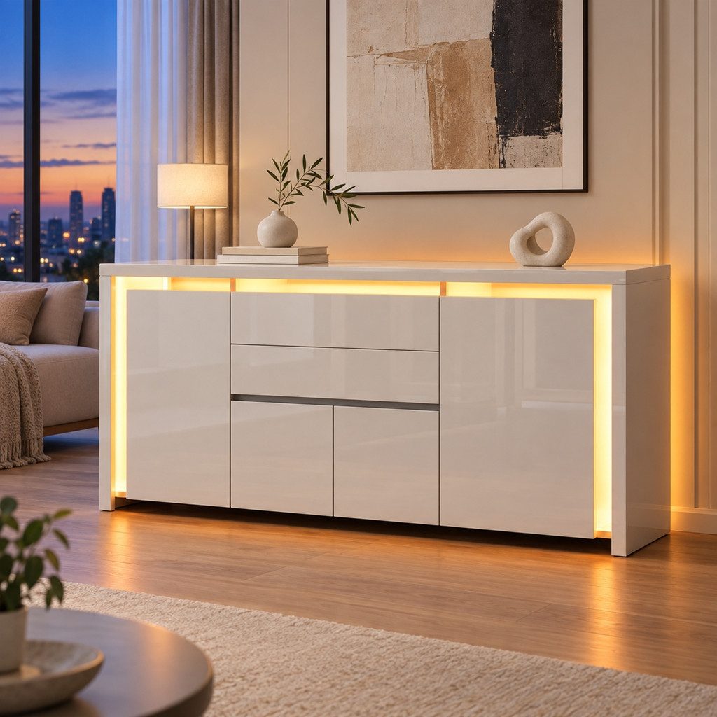 Simurq Kommode Hochglanz Sideboard mit LED,Buffetschrank mit 4 Türen und 2 Schubladen (Packung, Hochglanz Küchenschrank 160x35x75 cm), Stauraumschrank für Wohnzimmer, Esszimmer und Flur, Weiß