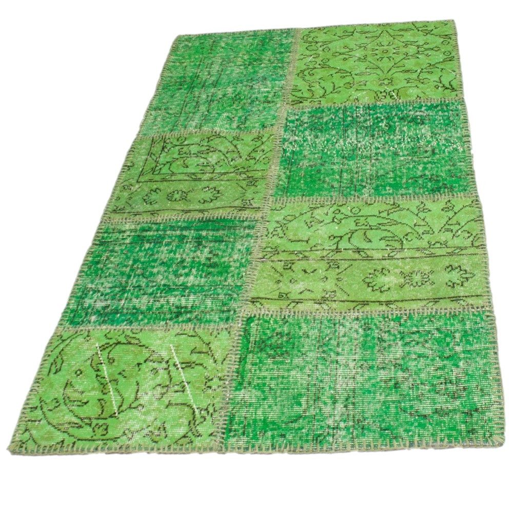 Vimoda Wollteppich Patchwork Teppich Hochwertiger VINTAGE, Rechteckig, Höhe: 5 mm, Original, Handgeknüpft, Grün, Orientteppich Uniqe 70 x 140 cm