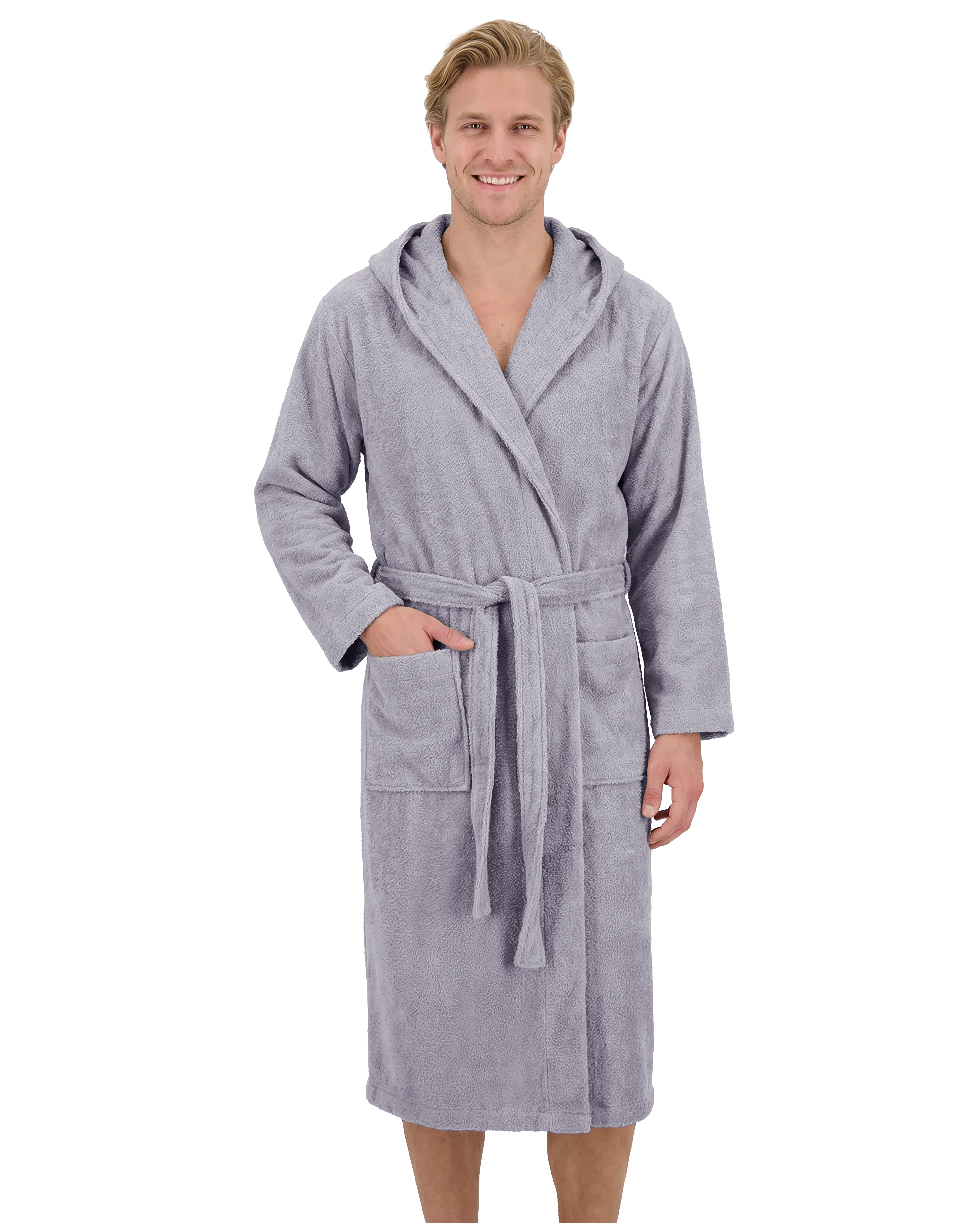 Laynenburg Herrenbademantel Bademantel Herren mit Kapuze aus 100% Baumwolle Frottee, mit Gürtel, aufgesetzten Taschen, Waden-lang für Spa, Sauna, M-XXXL
