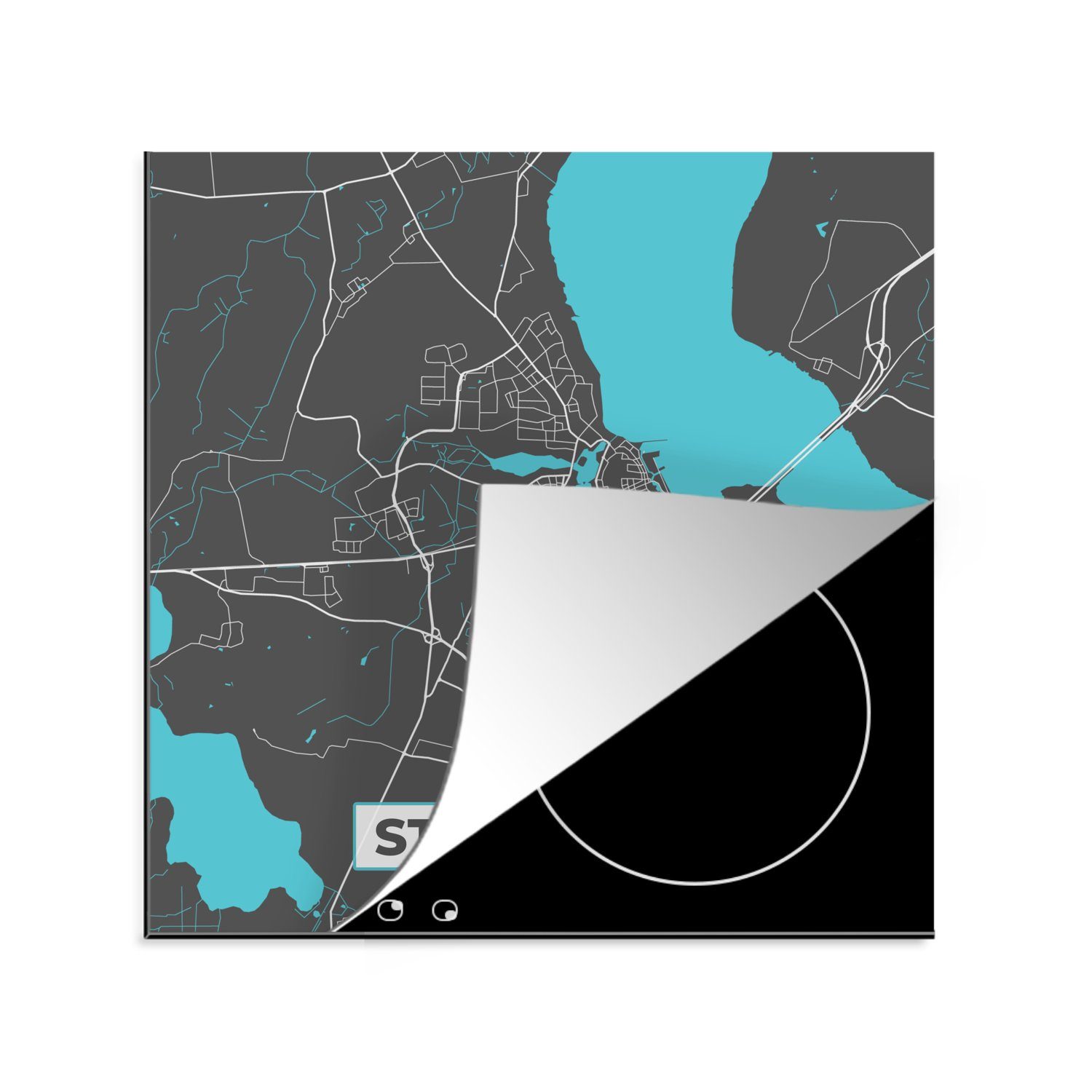 Karte tlg), Deutschland - - - Stralsund, (1 - Stadtplan Vinyl, Arbeitsplatte 78x78 für Herdblende-/Abdeckplatte cm, MuchoWow küche Blau - Ceranfeldabdeckung, Gold