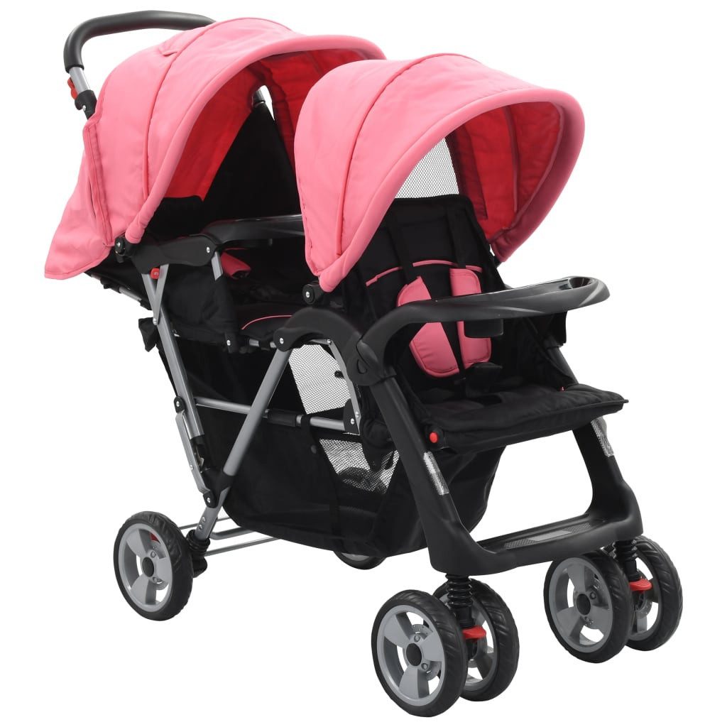 vidaXL Kombi-Kinderwagen Kinderwagen Kinderkarre Zwillings-Geschwisterwagen Rosa und Schwarz St