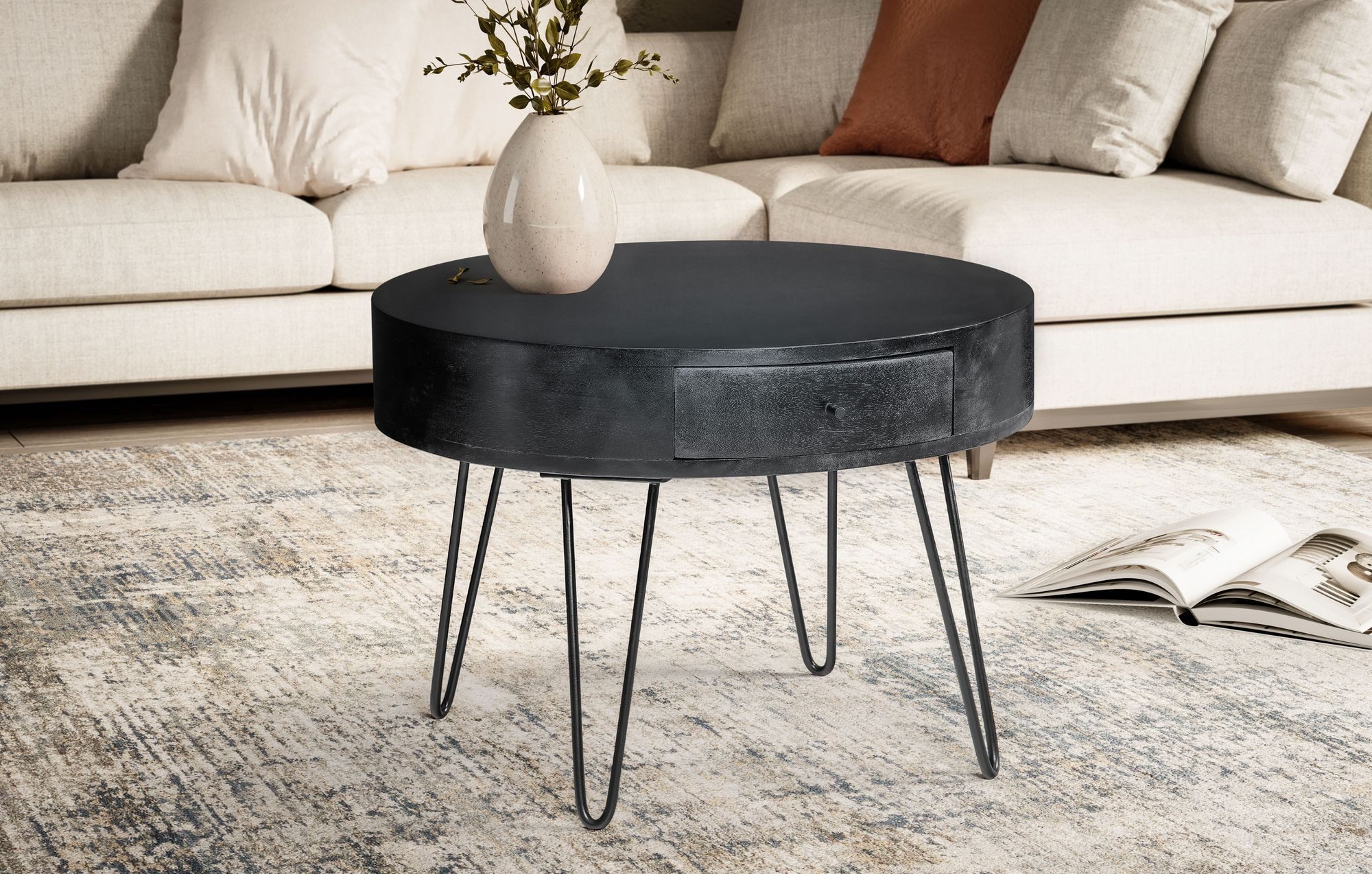 FINEBUY Couchtisch FB106176 Massivholz rund Ø 60 cm Wohnzimmertisch Schublade Schwarz (Massivholz Mango 60x60x43 cm, Tisch mit Schublade), Kleiner Wohnzimmertisch, Sofatisch Haarnadelbeine