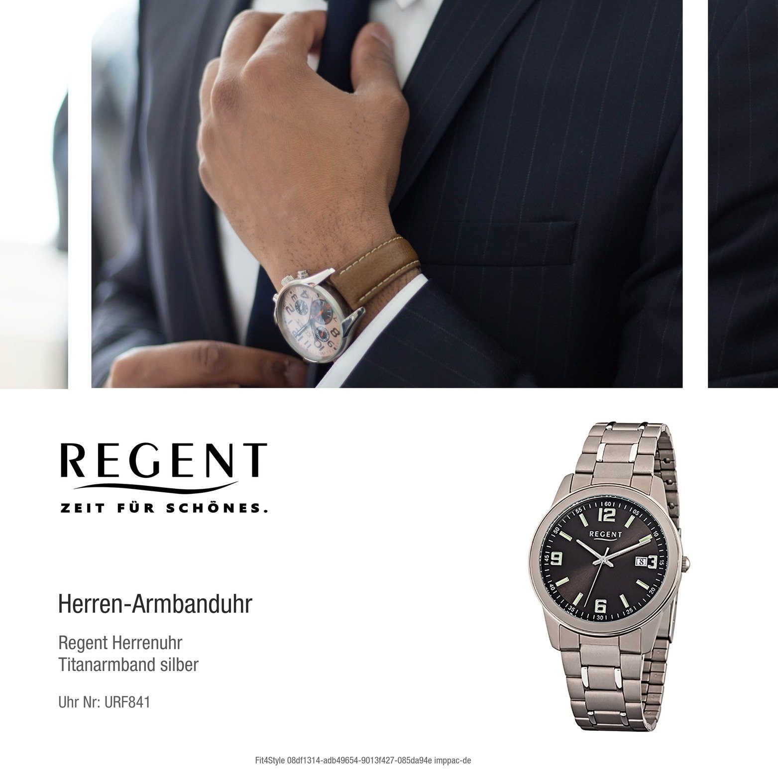 Regent Quarzuhr Regent Gehäuse, Elegant rundes Uhr Herren F-841 Titanarmband, mittel Titan 38mm), Herrenuhr Quarzuhr, (ca. mit