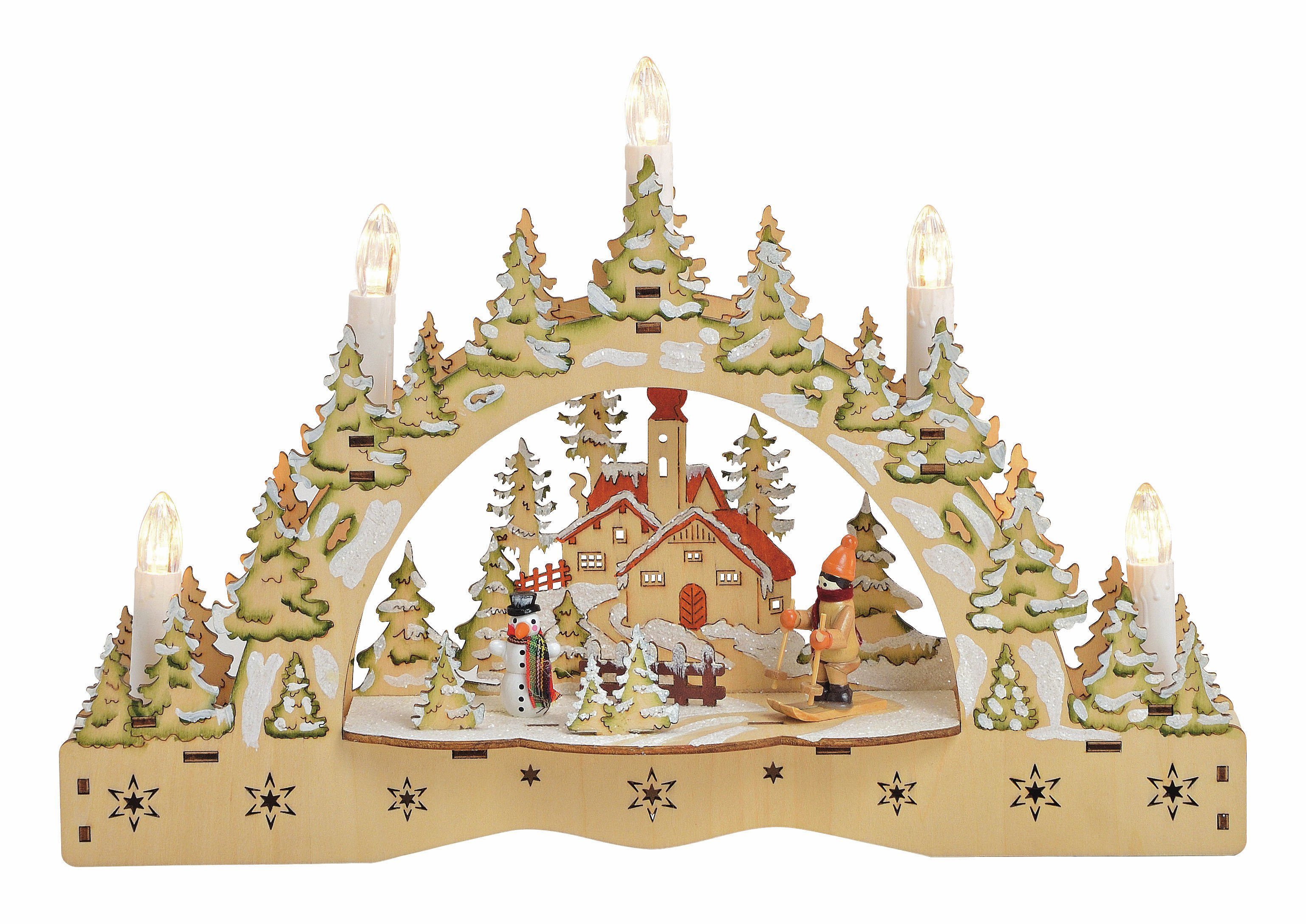 Spetebo LED Schwibbogen LED Holz Schwibbogen "Winterlandschaft" - 35 cm (1-tlg), Weihnachts Szene mit 5 LED Kerzen warm weiß beleuchtet