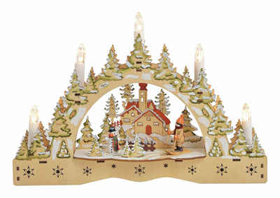 Spetebo LED Schwibbogen LED Holz Schwibbogen "Winterlandschaft" - 35 cm (1-tlg), Weihnachts Szene mit 5 LED Kerzen warm weiß beleuchtet