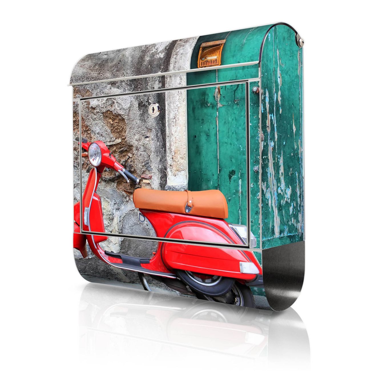 banjado Wandbriefkasten Edelstahl mit Motiv Italienischer Roller (Wandbriefkasten groß, mit Zeitungsfach), 38 x 42,5 x12 cm