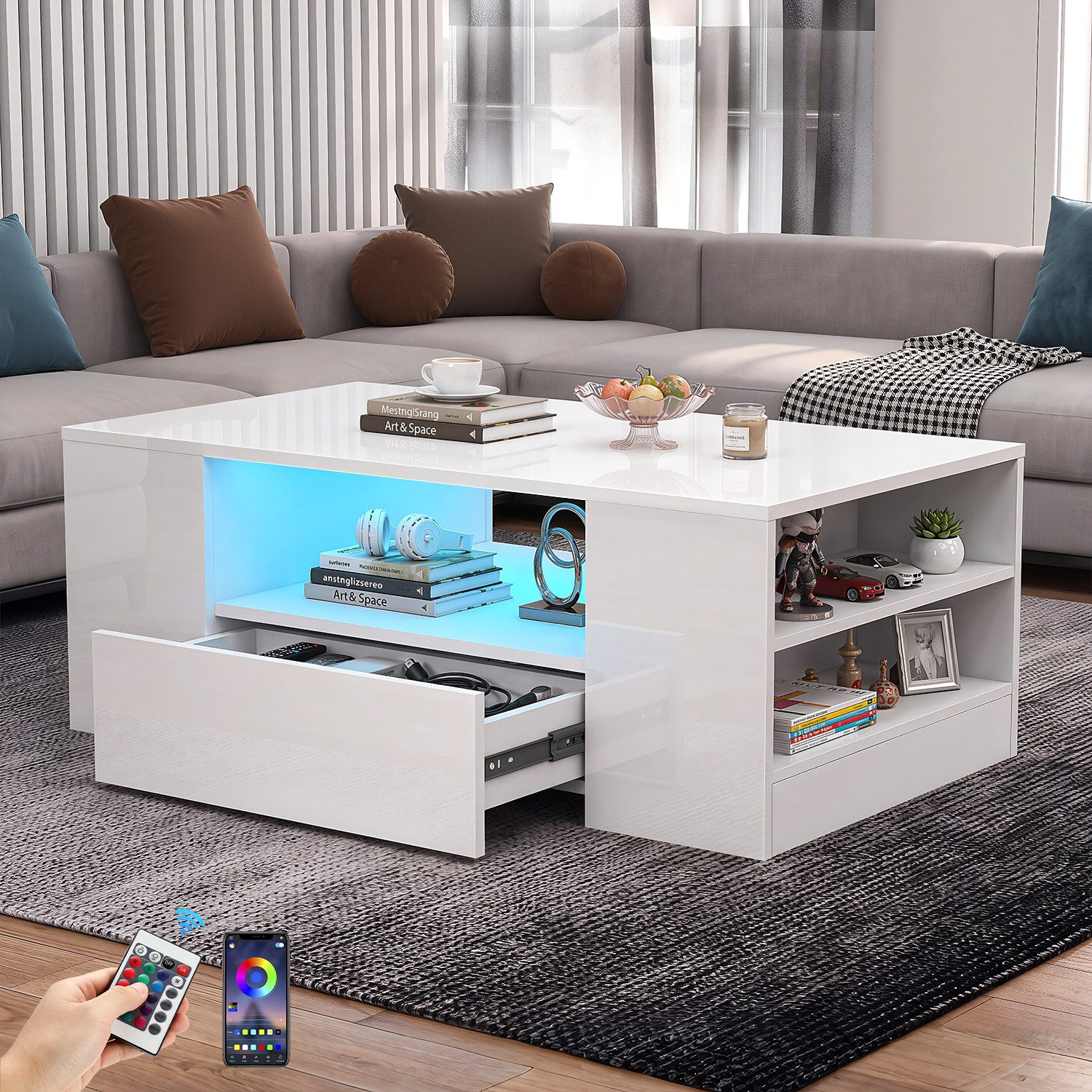 oyajia Couchtisch Hochglanz couchtisch Sofatisch mit LED-Beleuchtung Verstellbare Farben (1-St, Modern Sofatisch Wohnzimmertisch mit 2 Schublade und 2 Regalsofa), Beistelltisch, mit Stauraum, für Wohnzimmer, Schlafzimmer, 99x55x37cm