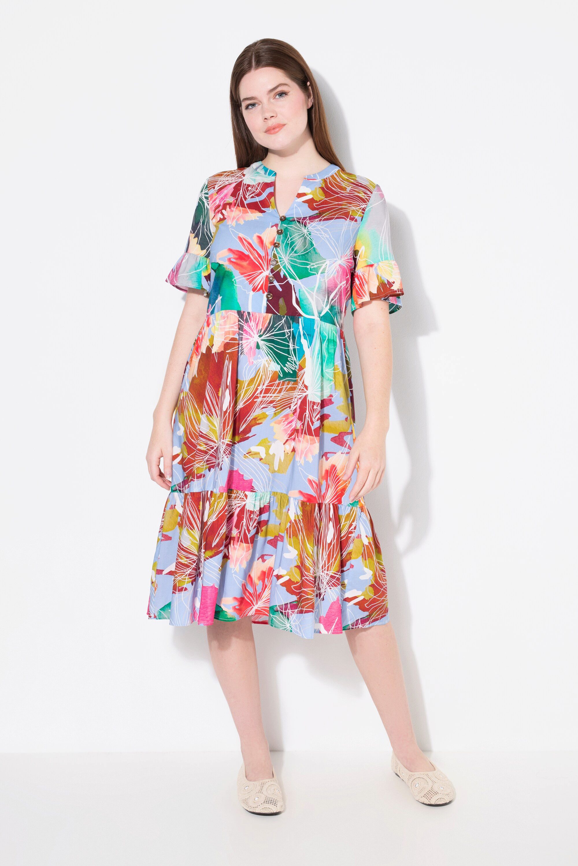 Ulla Popken Jerseykleid Tunikakleid A-Linie Volants Stehkragen Halbarm