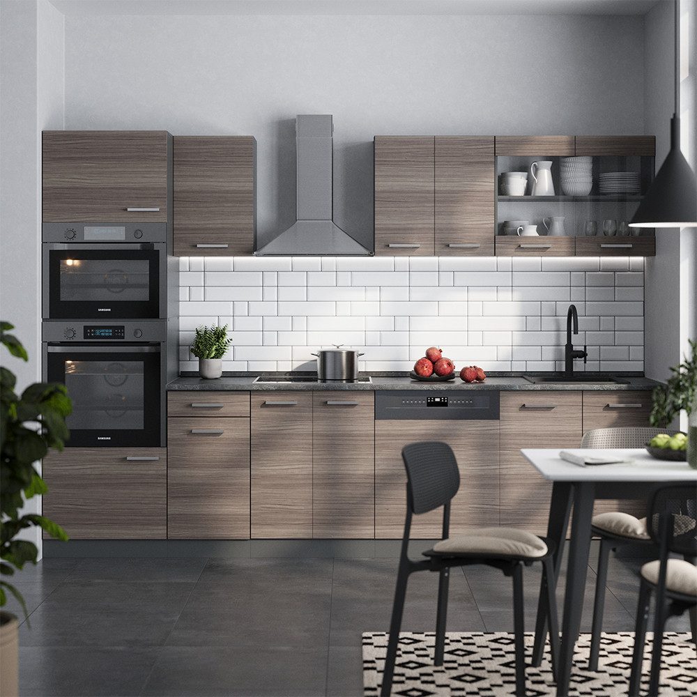 Vicco Küchenzeile R-Line, Edelgrau/Anthrazit, 300 cm mit Hochschrank, ohne Arbeitsplatte