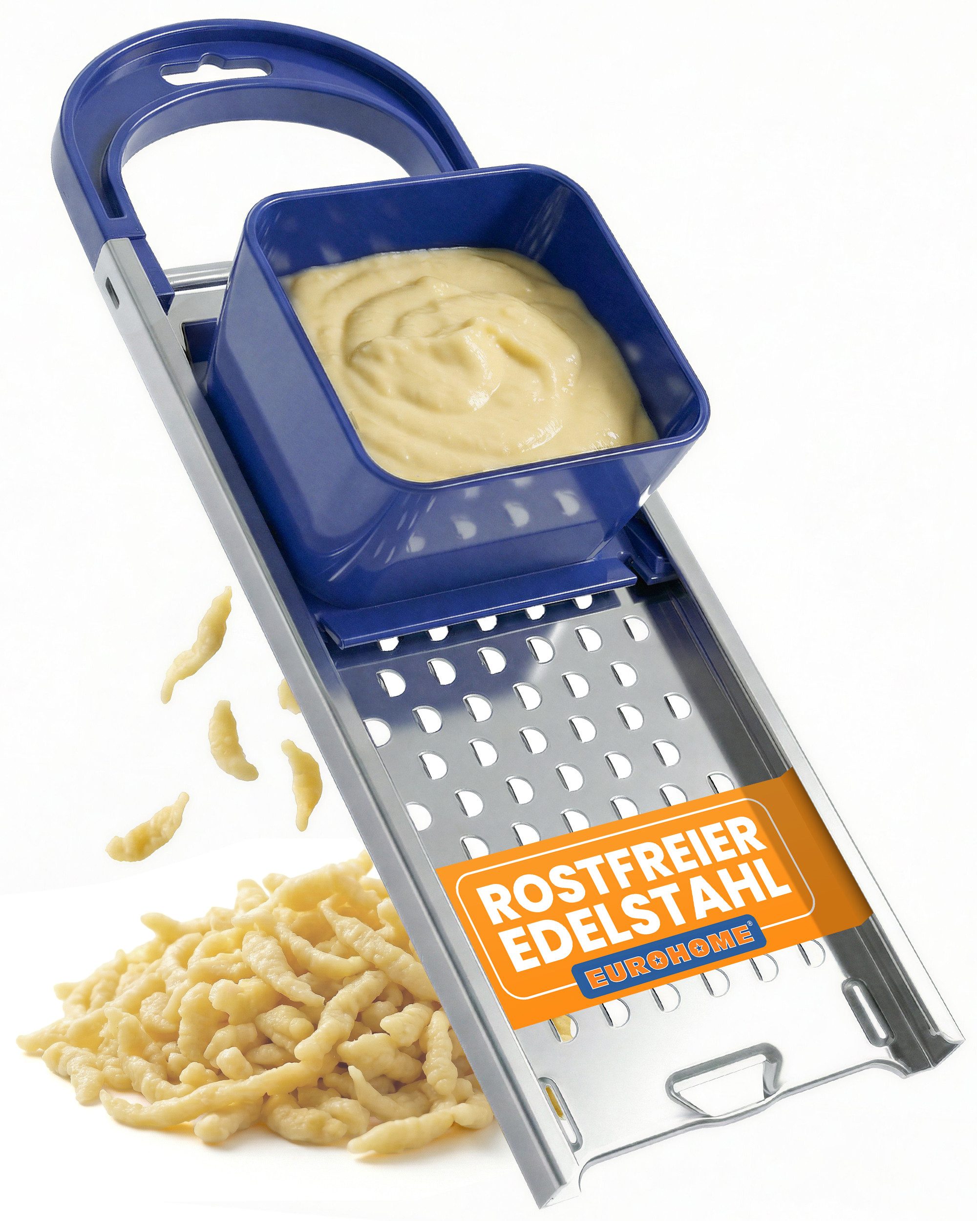 EUROHOME Spätzlehobel Edelstahl Spätzlereibe mit Nasen mit Kunststoffgriff, Edelstahl, (1-St., Spätzlehobel 33 x 11 x 6,3 cm), Spätzlepresse runde Löcher - Reibe mit Trichter