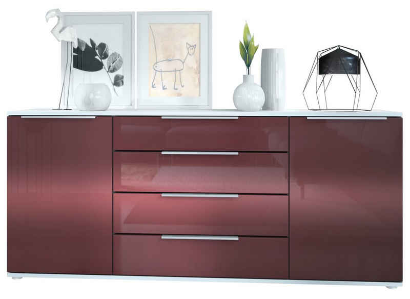 Vladon Sideboard Linio (Anrichte, mit 2 Türen und 4 Schubladen), Weiß matt/Bordeaux Hochglanz (166,5 x 72,5 x 35 cm)