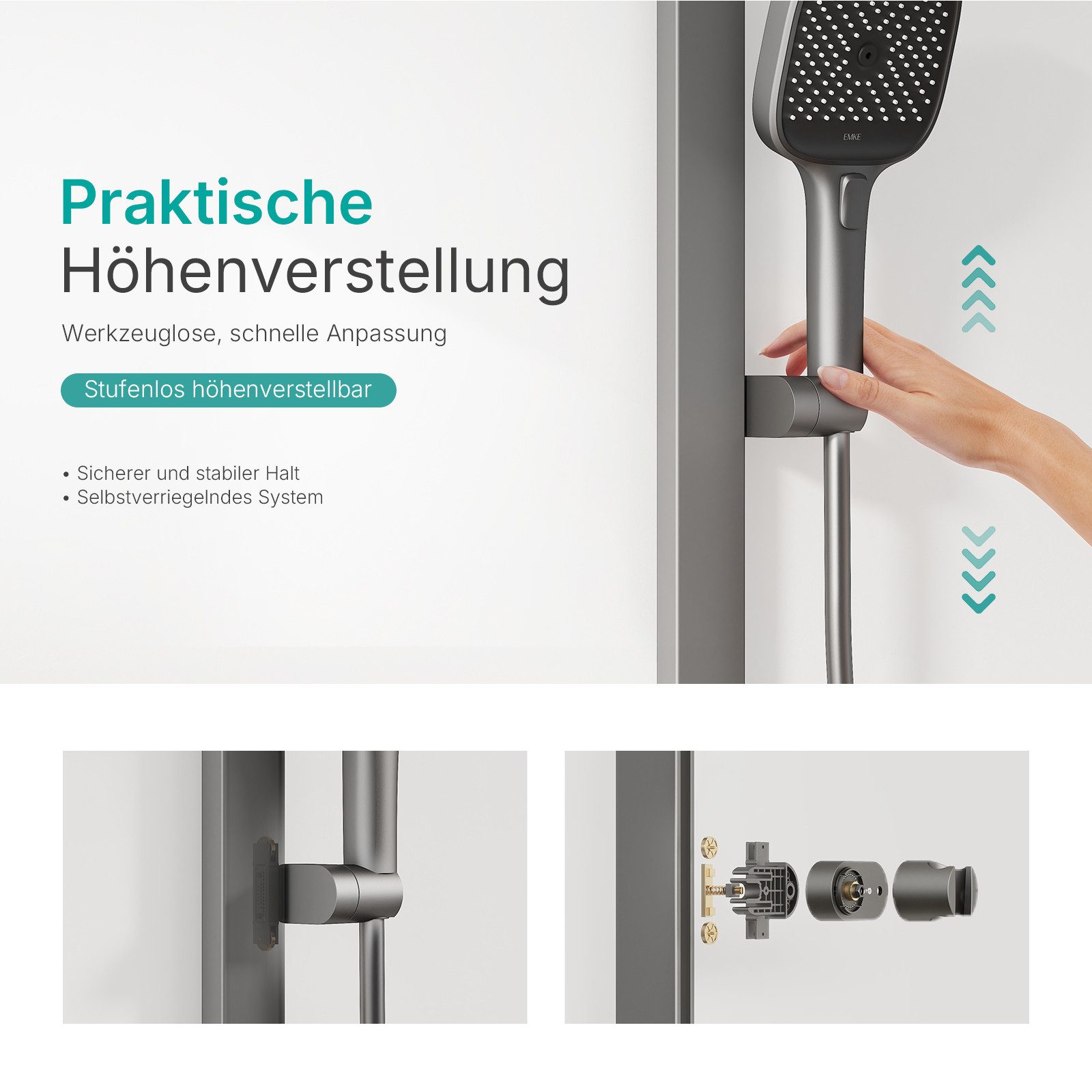 EMKE Duschsystem mit Thermostat, Regendusche und Handbrause – Höhenverstellbare, Höhe 112 cm, 3 Strahlart(en), 36x24 cm Regendusche Handbrause, Brausestange und 150cm Schlauch