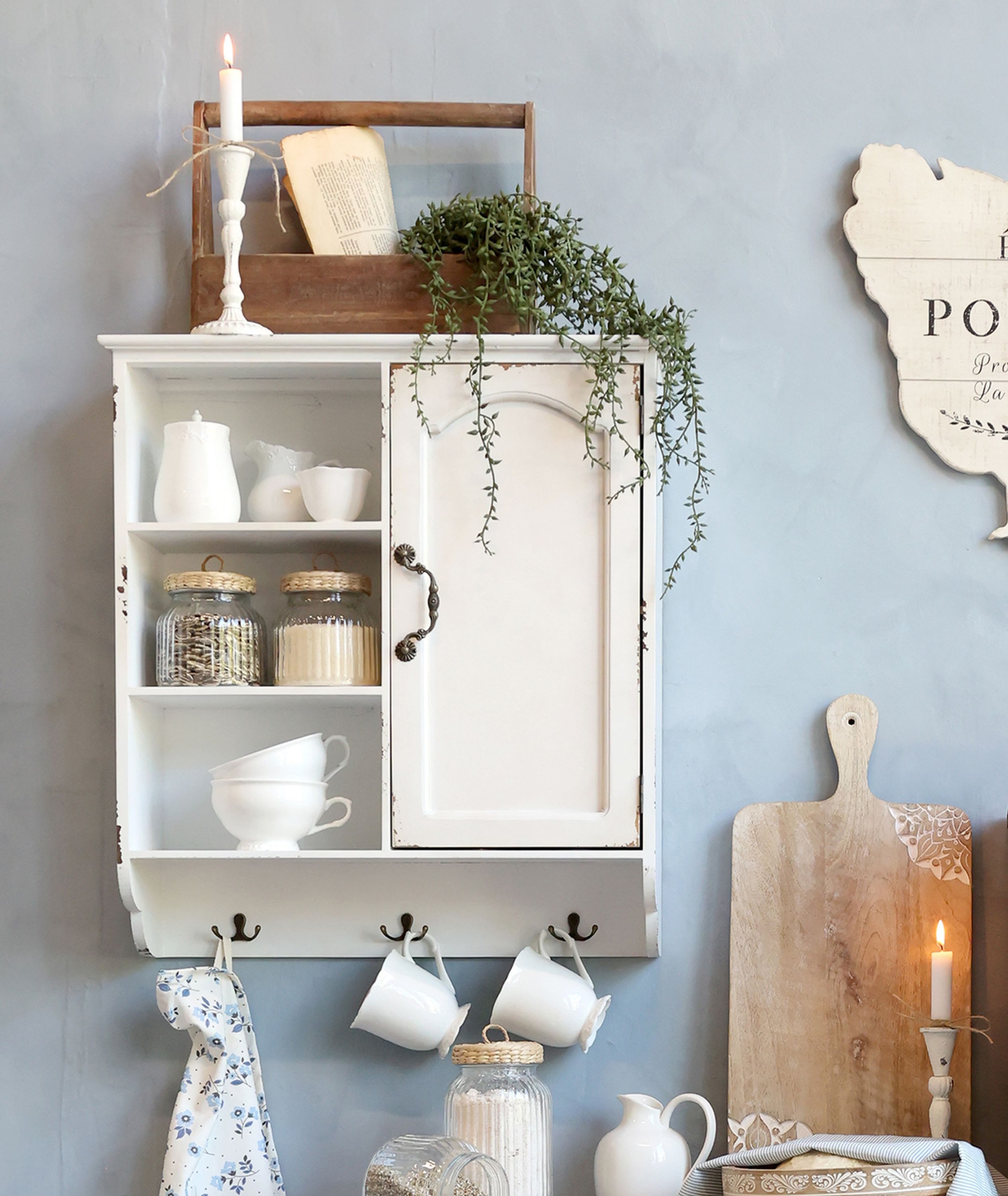 Chic Antique Wandregal Chic Antique - Wandschrank Hängeschrank mit Regal und Haken Holz Weiß