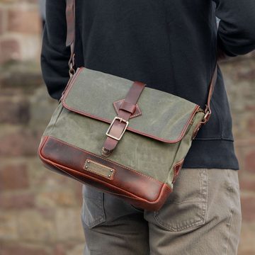 DRAKENSBERG Umhängetasche Messenger Bag »Nate« Wald-Grün, Herren Cross-Body Messenger Tasche aus gewachstem Canvas mit Leder