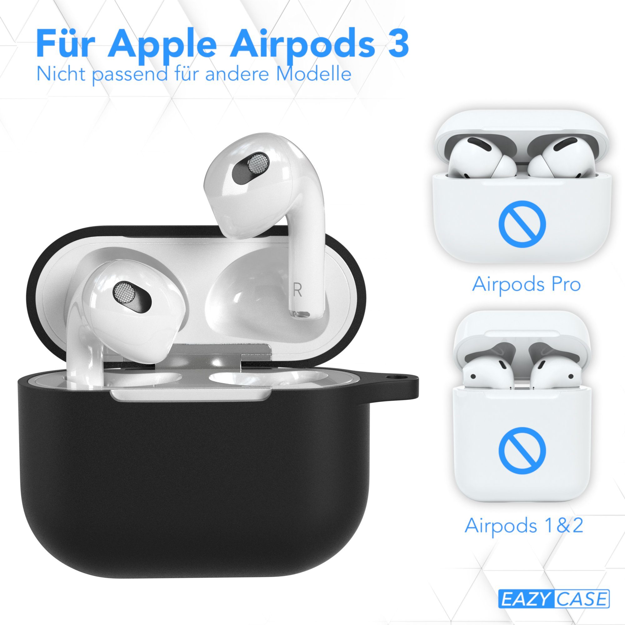 EAZY CASE Kopfhörer-Schutzhülle Silikon Hülle kompatibel mit Apple AirPods 3, Box Hülle Schutzhülle Rutschfestes Etui Fullcover Stoßfest Schwarz