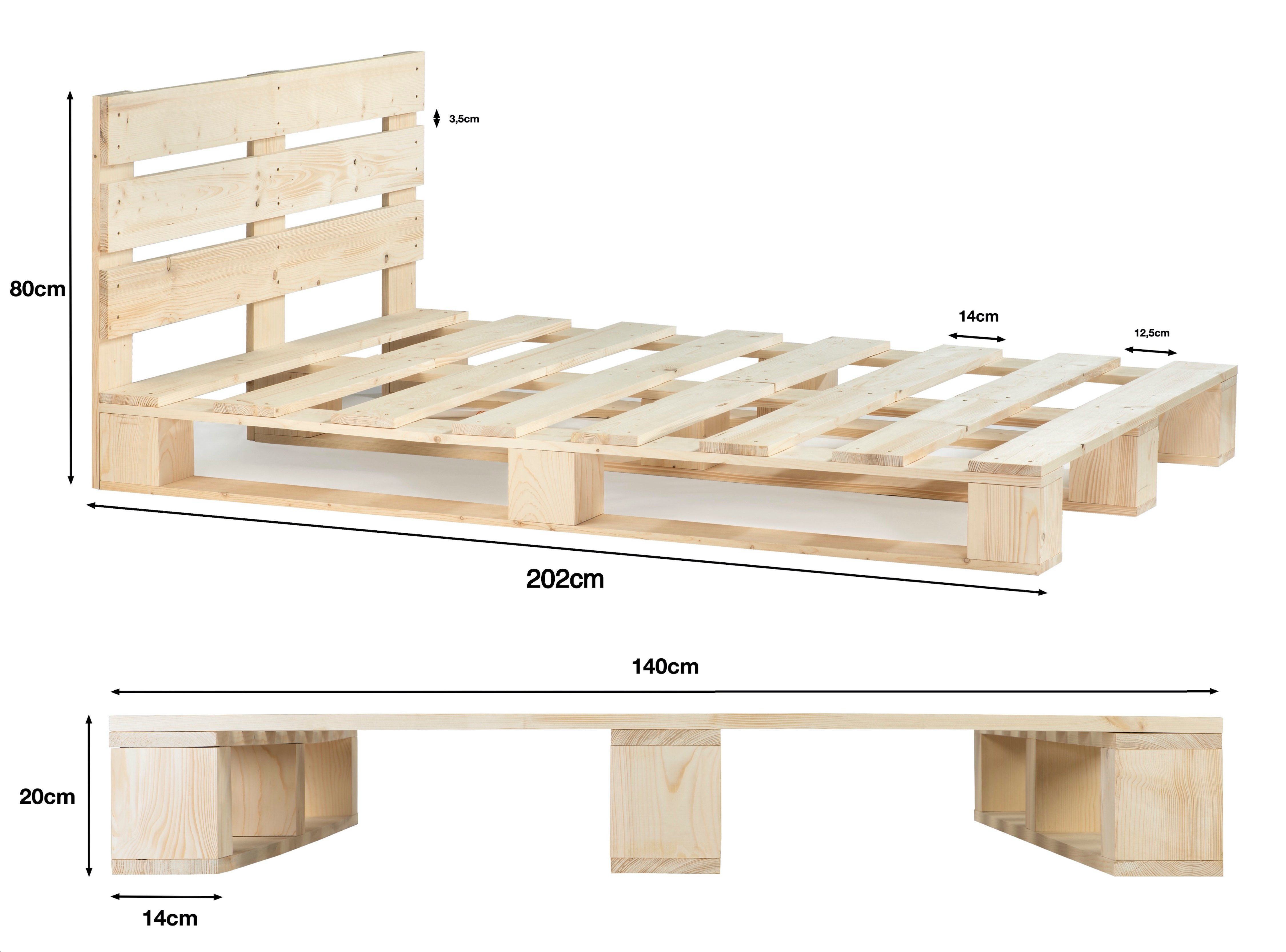 sunnypillow Palettenbett mit Kopfteil Holzbett 80 90 100 120 140 160 180 200 220 240 x 200 cm, 140x200 cm Natur
