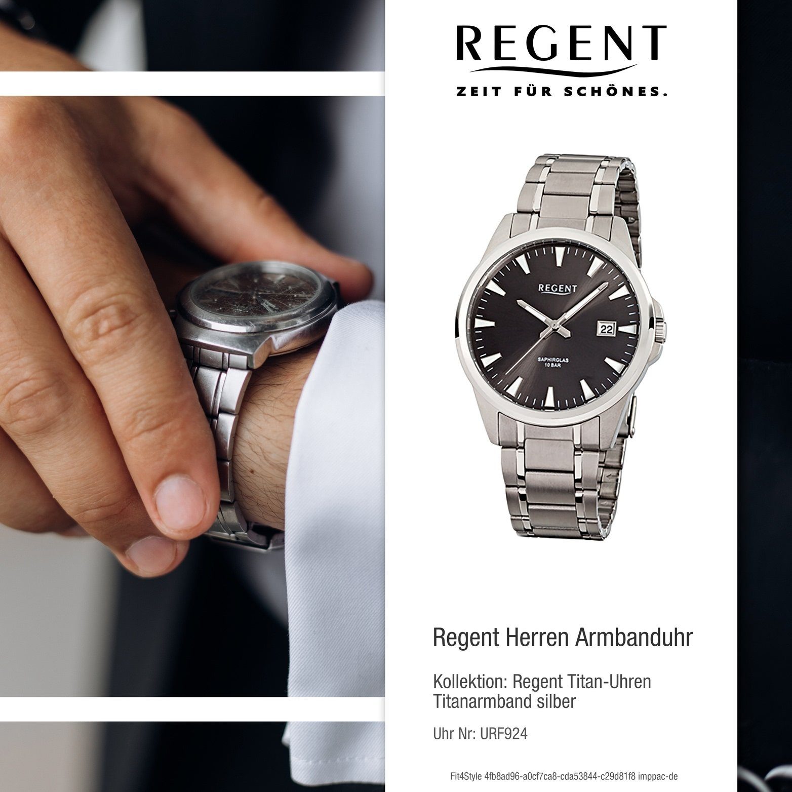 Regent Quarzuhr Quarzuhr, Regent Gehäuse, Titan mit Uhr rundes groß Herrenuhr Herren Elegant-S Titanarmband, 40mm), (ca. F-924