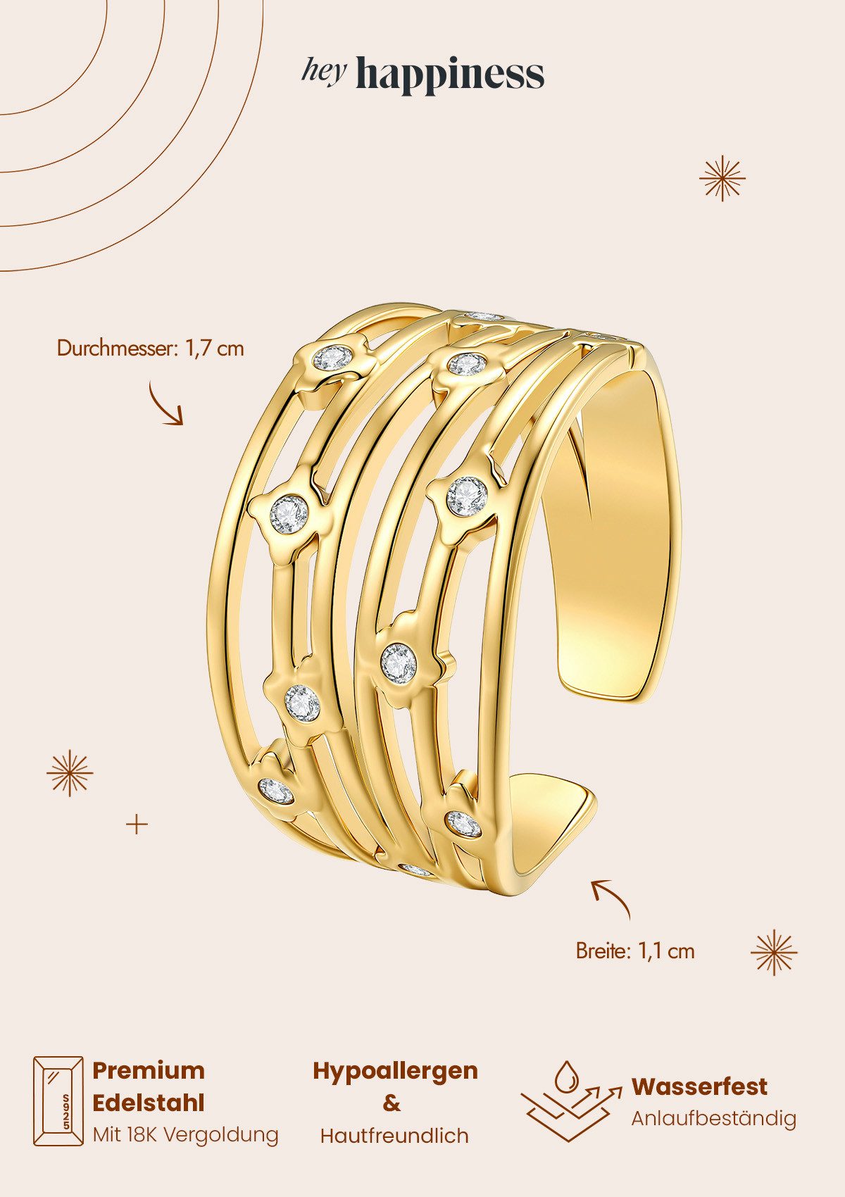 Hey Happiness Fingerring Multi Band mit Kristallen, offener Damenring, Statement Ring im Layering Look, wasserfest – Bild 5 von 5