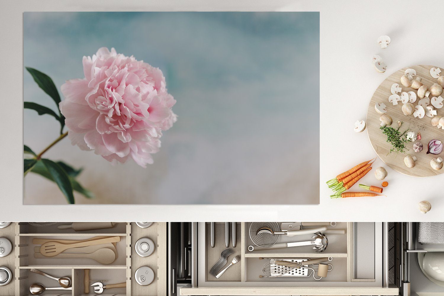MuchoWow Herdblende-/Abdeckplatte Rosa Pfingstrose auf Induktionskochfeld küche, cm, für (1 Schutz Ceranfeldabdeckung 81x52 Vinyl, grauem tlg), Hintergrund, die