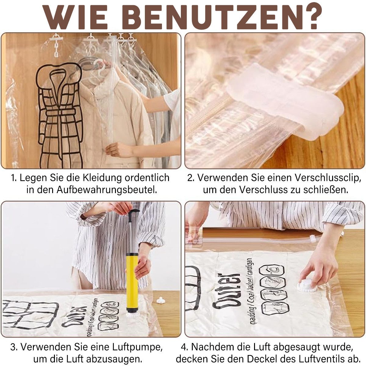 MOPUEA Aufbewahrungstasche Hängende Vakuumbeutel 4 Stück (Set, 4-tlg., Reduziert Volumen und schützt Kleidung zuverlässig), Mit Handpumpe oder Staubsauger schne – Bild 4 von 5