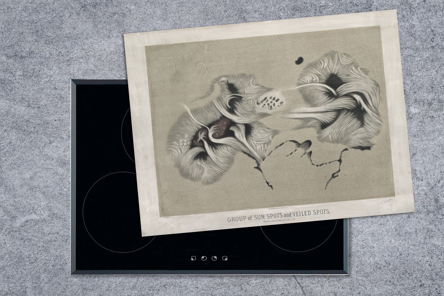 Arbeitsfläche Ceranfeldabdeckung (1 Gemälde Étienne von Léopold Sonnenflecken - nutzbar, Vinyl, Herdblende-/Abdeckplatte MuchoWow Trouvelot, 70x52 Mobile tlg), cm,