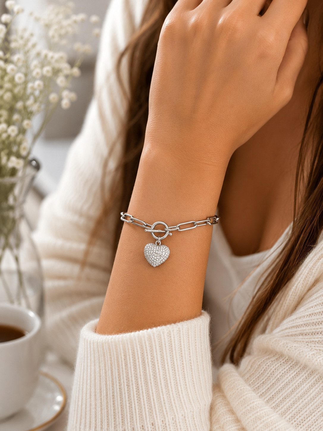 Brise Schmuck Armband Edelstahl Armband Damen Herz – Verstellbares Gliederarmband Silber, Verstellbar, 100 % Edelstahl, Herz-Anhänger, Strass-Detail, Rostfrei – Bild 4 von 4