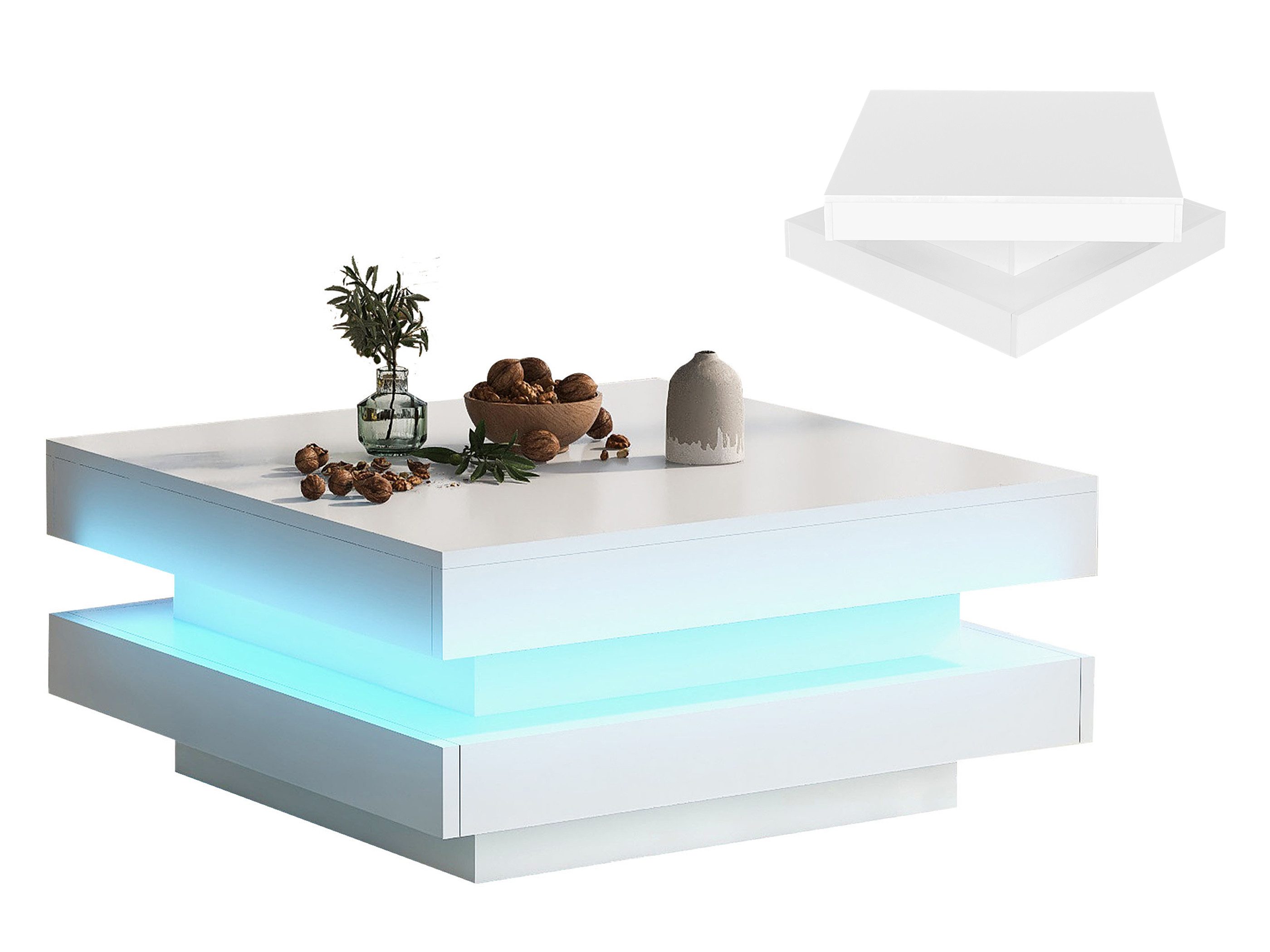 SeedWave Couchtisch Moderner Sofatisch mit 360° Drehbarer Tischplatte, LED-Beleuchtung, Dreistöckiger Kaffeetisch mit hochglänzende Oberflächen