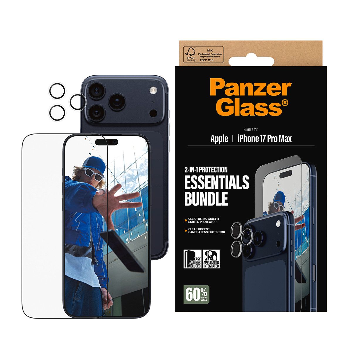 CARE by PanzerGlass Displayschutzglas 2-in-1 Protection Essentials Bundle für Apple iPhone 17 Pro Max, Displayschutzfolie, Schutzfolie, Bildschirmschutz, kratz- & stoßfest