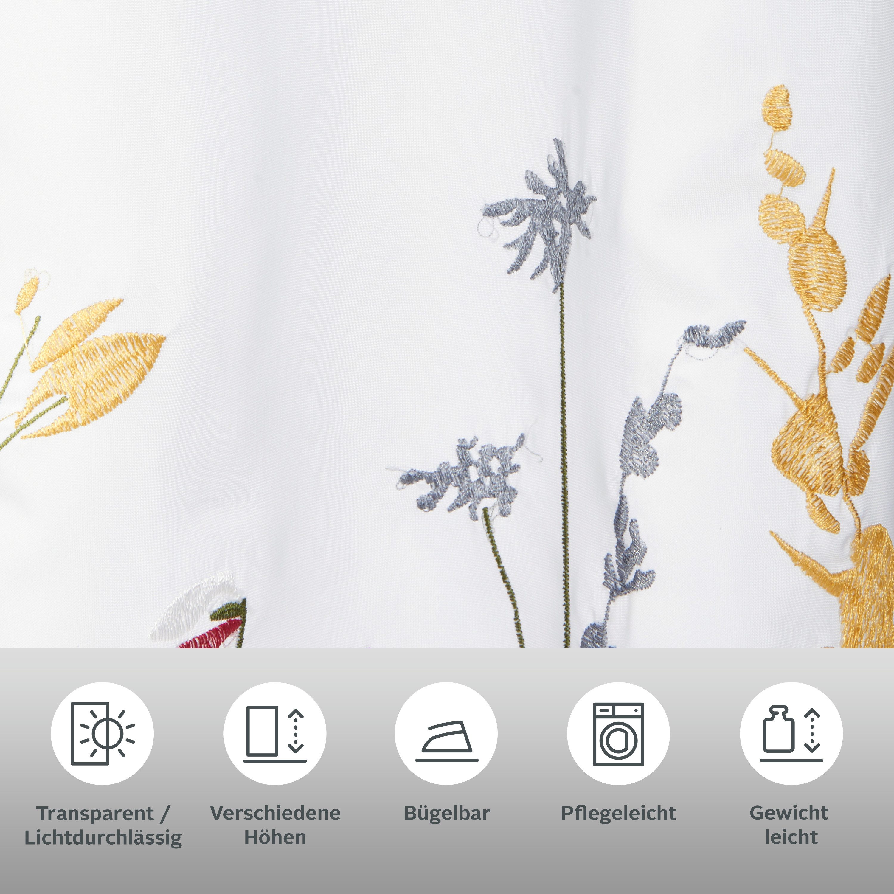 OTTO home Scheibengardine Bille (1 St), Durchzuglöcher, transparent, Voile, transparent, mit einseitiger Stickerei, waschbar, Blumen