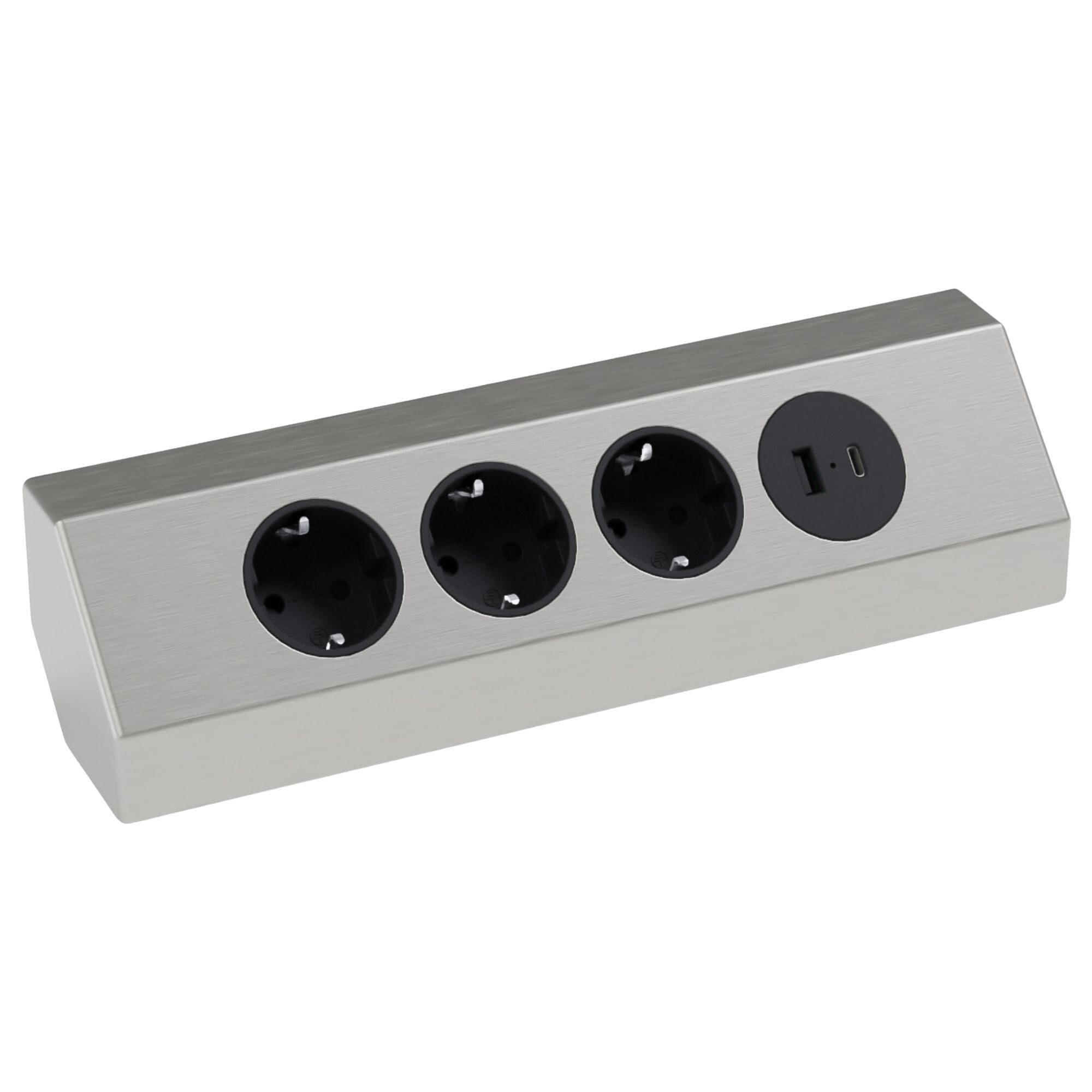 kalb Steckdose Ecksteckdosenleiste 4-fach 3x 230V und 2x USB Anschluss silber/schwarz