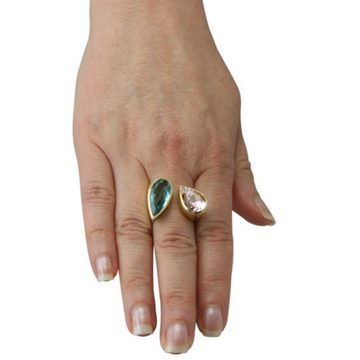 SKIELKA DESIGNSCHMUCK Goldring Aquamarin Kunzit Ring "Duo" (Gelbgold 585), massive hochwertige Verarbeitung