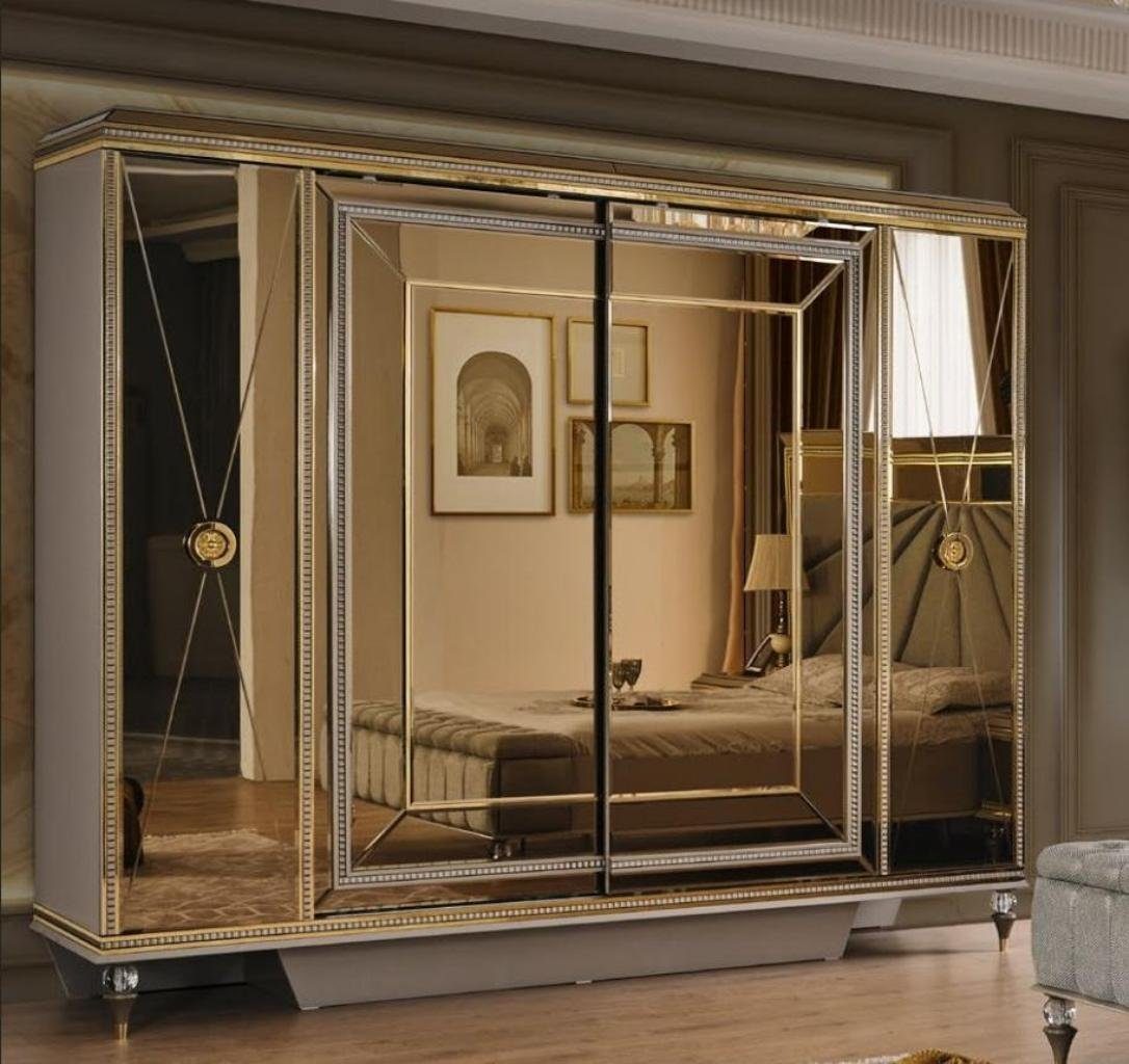 Kleiderschrank Viertüriger Schlafzimmer Schrank mit Gold Spiegel Eleganz