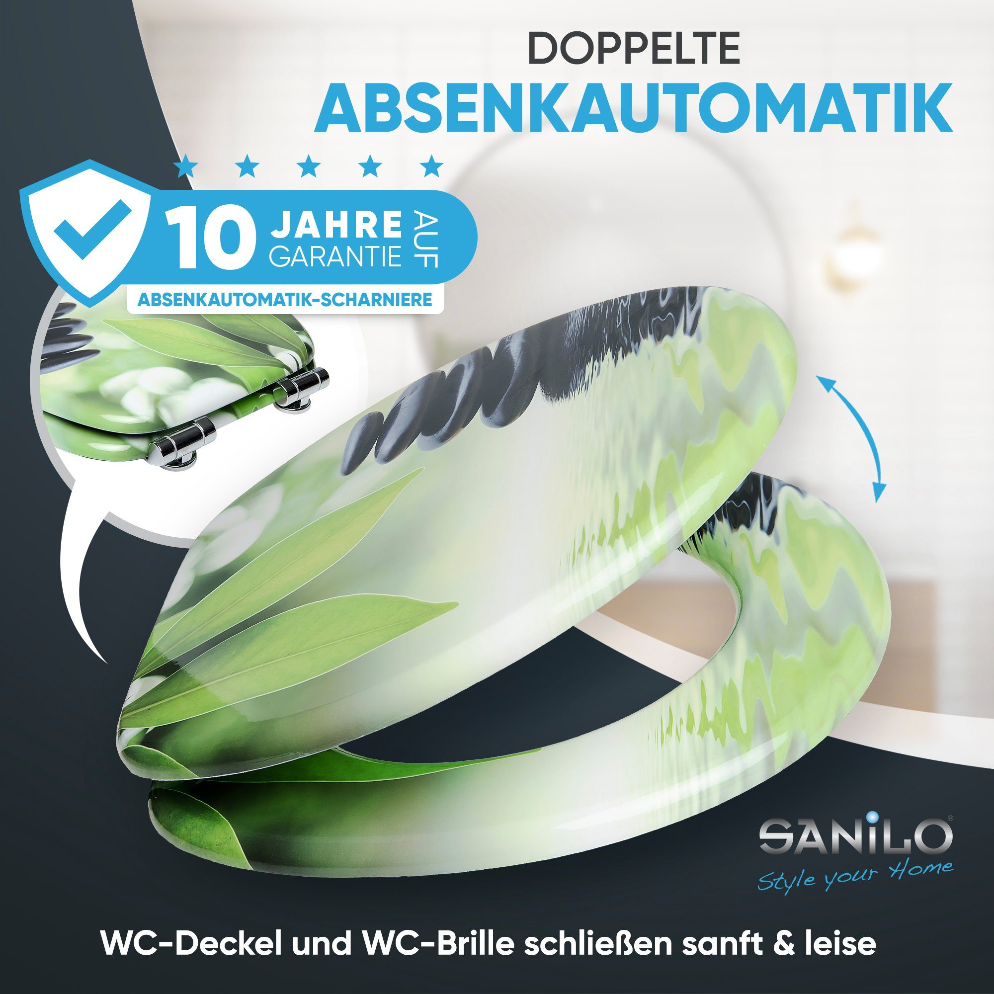 Sanilo Badaccessoire-Set 3-teilig mit Motiv, viele schöne Sets zur Auswahl, WC-Sitz mit Absenkautomatik, Badteppich 70 x 110 cm, Waschbeckenstöpsel, 3 tlg., 3-teilig, hochwertig & modern, universell, leichte Montage