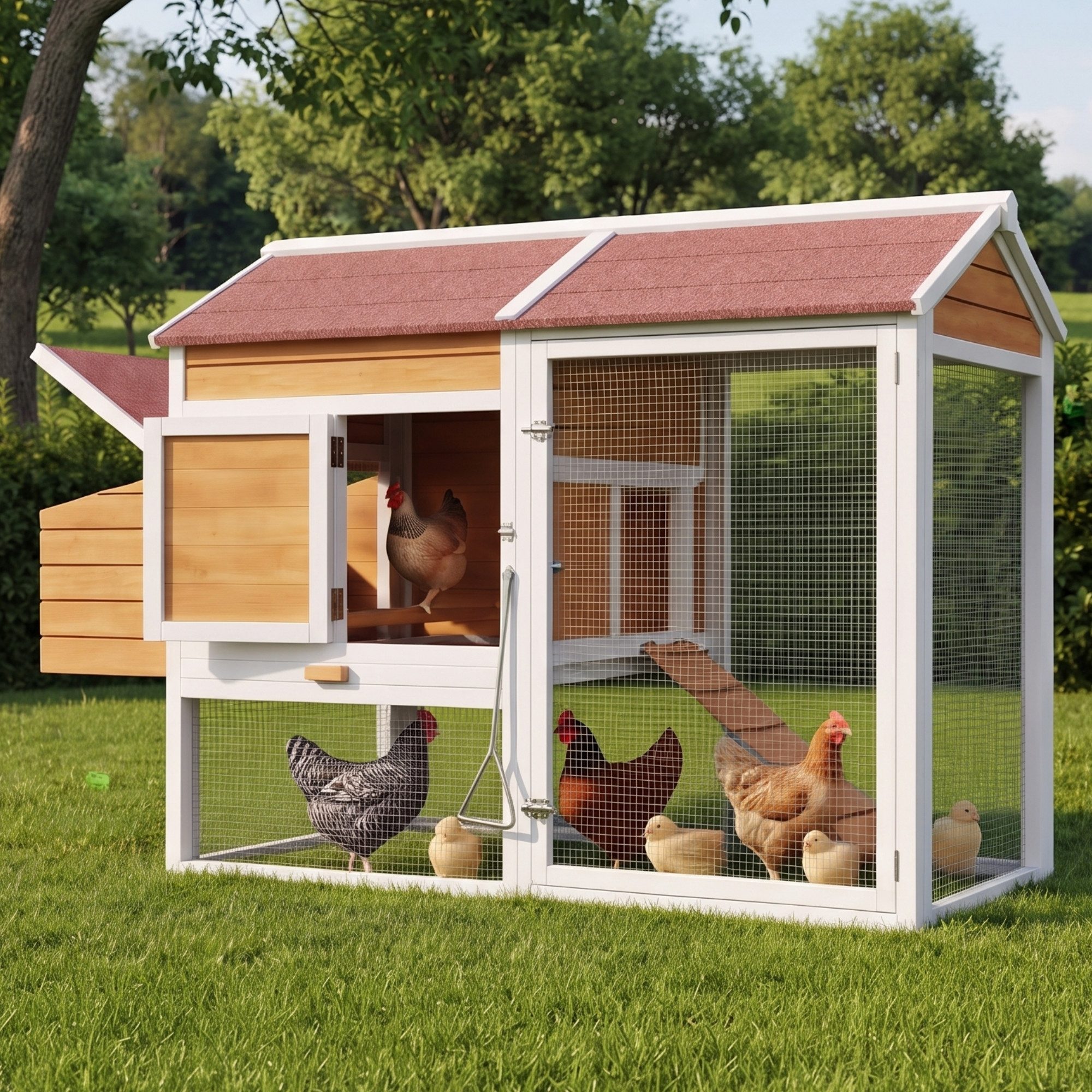 Sellamova Hühnerstall Winterfestes Hühnerhaus aus Tannenholz für 6-7 Hühner, mit Legenestern, Verzinkter Auszugsschale, 2 Sitzstangen, Hühnerauslauf, 185×91×115 cm
