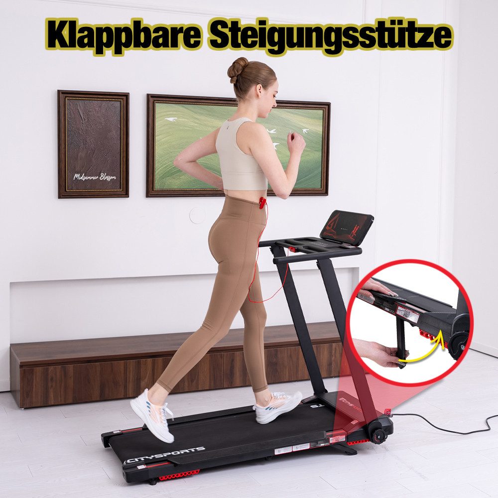 CITYSPORTS Laufband für Zuhause mit Steigung, mit 1400W Bosch Motor,2PS (mit Toolkit und Schmieröl), 1-8 km/h,Max 8% faltbare Neigung, mit App und Bluetooth,klappbar