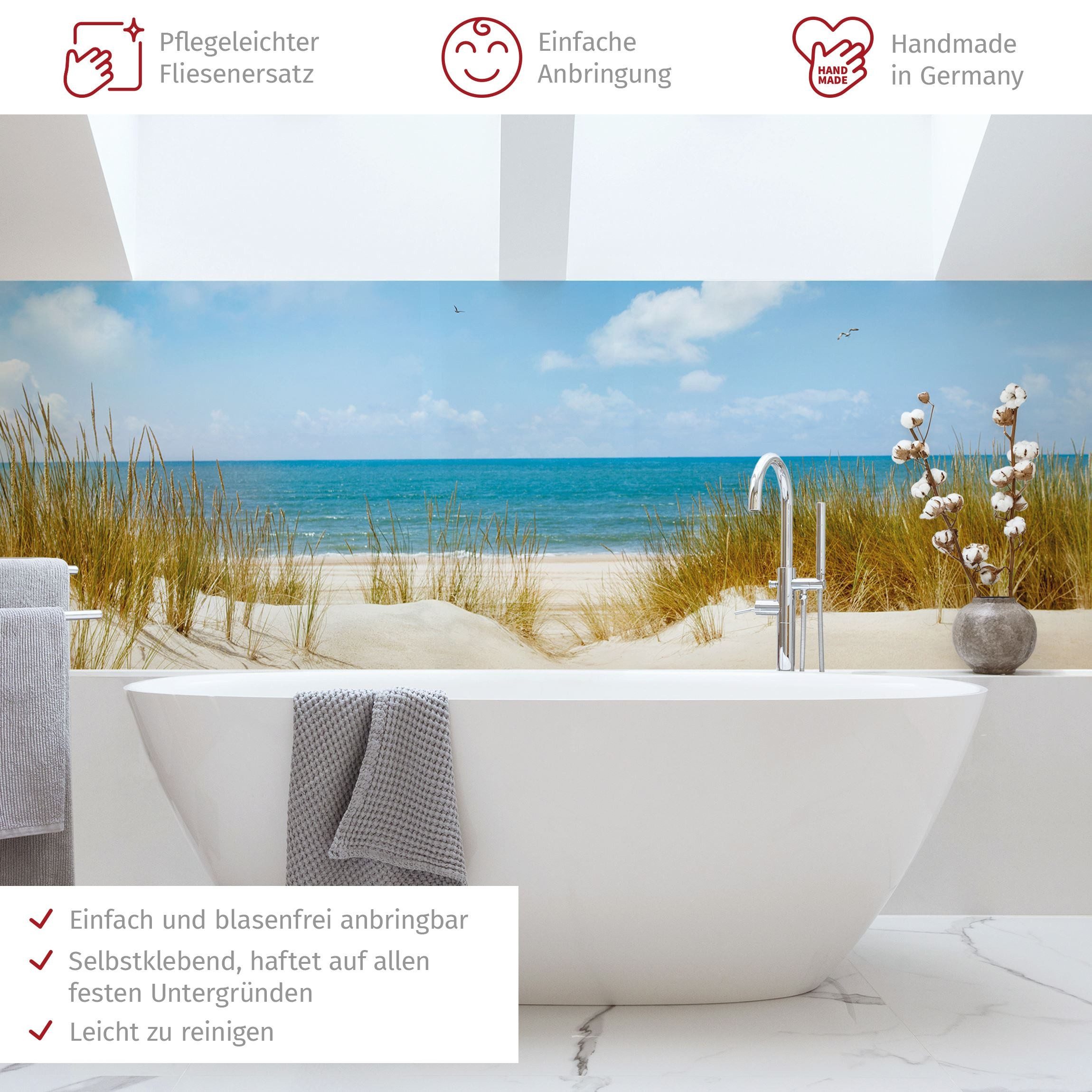 Bilderdepot24 Badrückwand beige fugenlose Wandverkleidung Bad mit Motiv, (Hartfolie matt » Selbstklebend SMART 0,35 mm), wasserfestes Wandpaneel Strand an der Nordsee