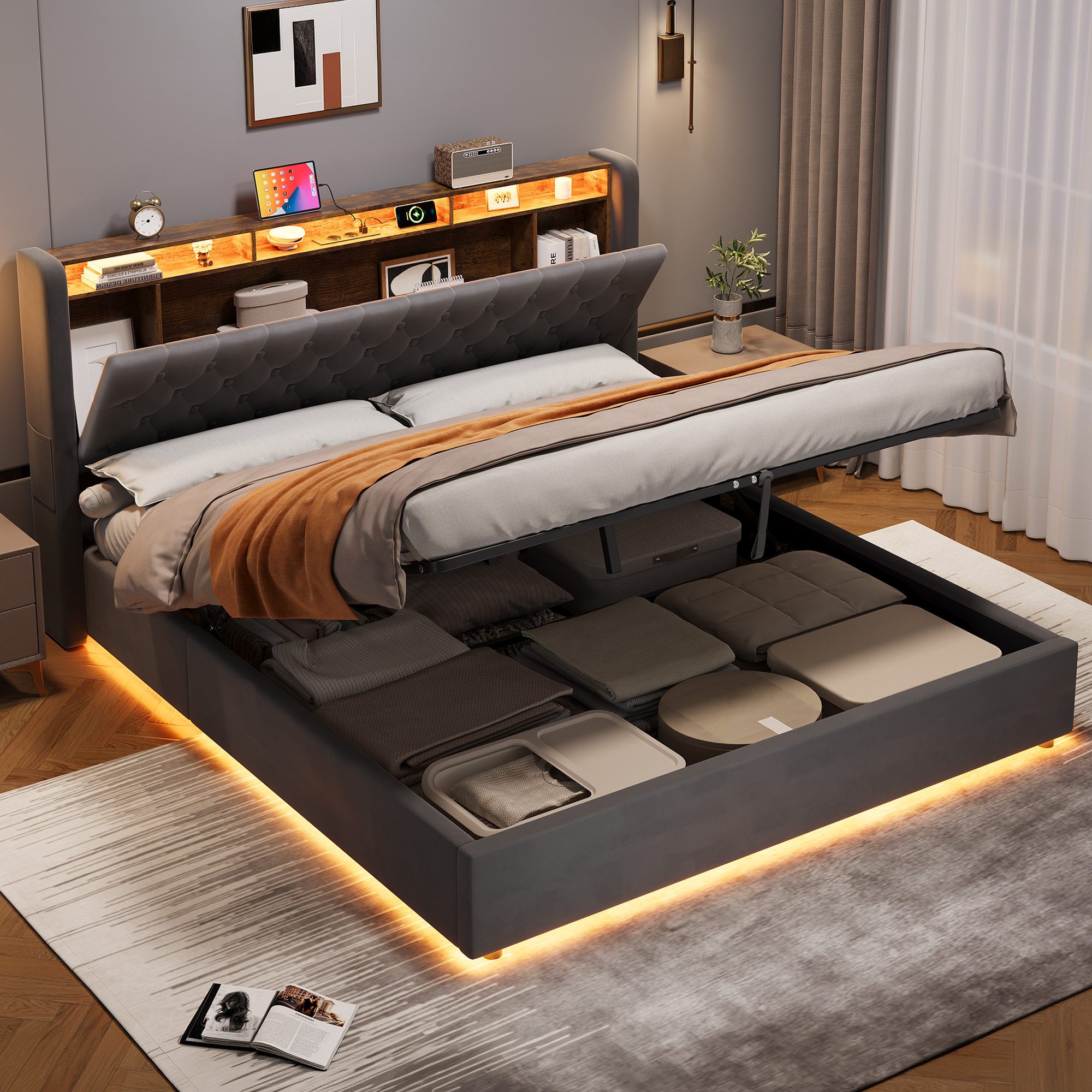 REDOM Polsterbett Hollandvelours-Bezug, mit Stauraum & Ablage (Funktionsbett, 1-tlg., Robuster Metallrahmen, Lattenrost inklusive, ohne Matratze), 180x200 cm mi – Bild 2 von 5