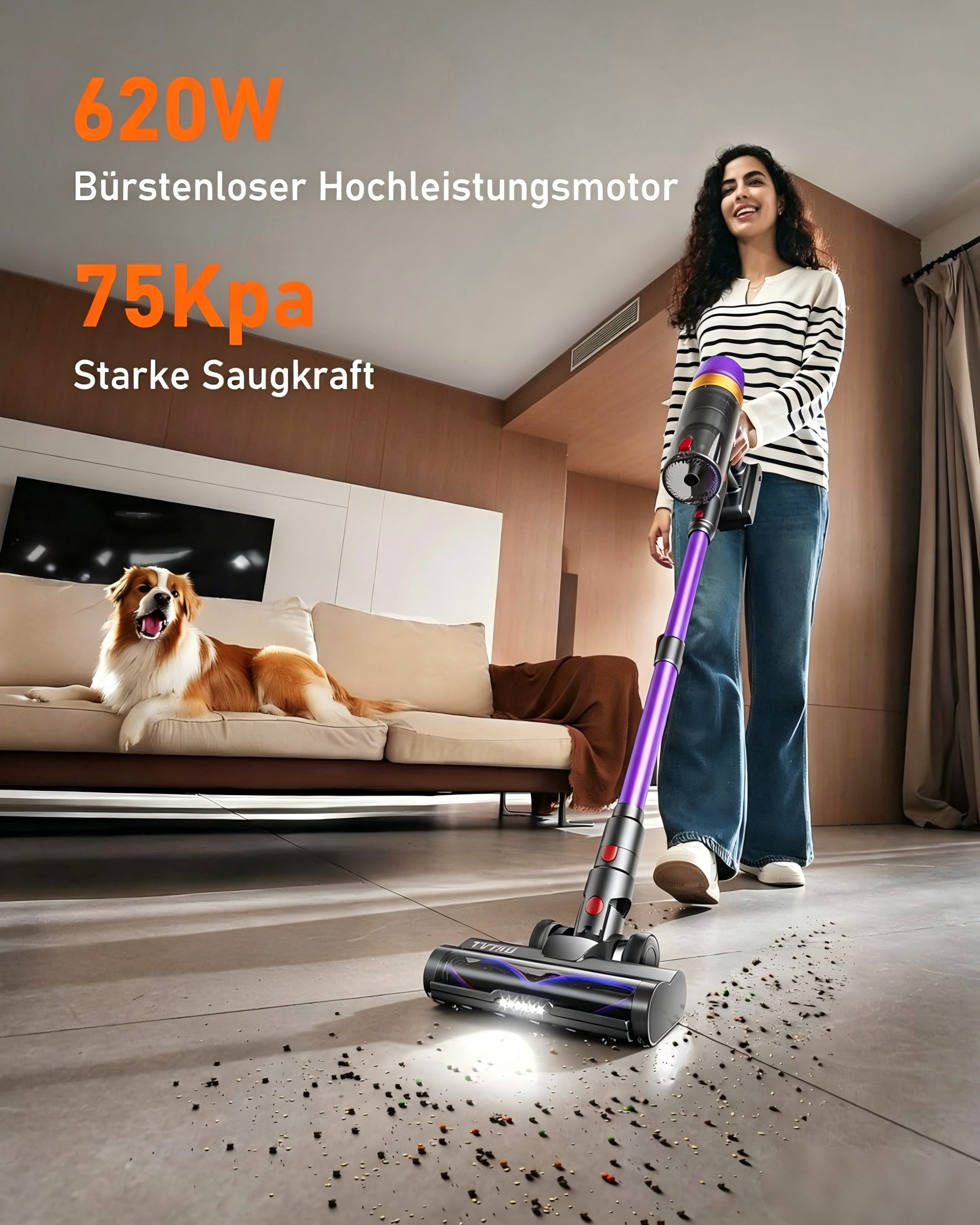 TVTAU Akku-Hand-und Stielstaubsauger 75000Pa Akku Staubsauger 620W 75Min 1,8L Kabelloser Staubsauger, 620 W, beutellos, 55kPa 75Min Akku Staubsauger, Akku Handstaubsauger,Bürstenloser