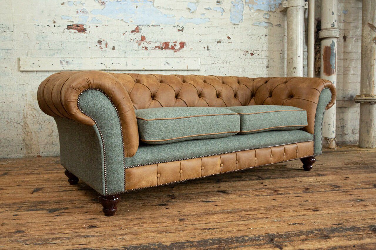 JVmoebel Chesterfield-Sofa Design Sofa 3 Sitzer Couch Polster Sofas Stoff Wohnzimmer Couchen, Die Rückenlehne mit Knöpfen.