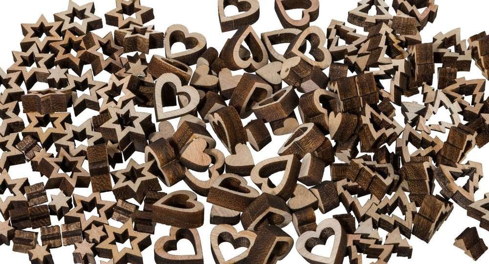 Gasper Streudeko Holz Dekostreu, Stern Herz Baum. 144 Teile Tischdeko Streudeko