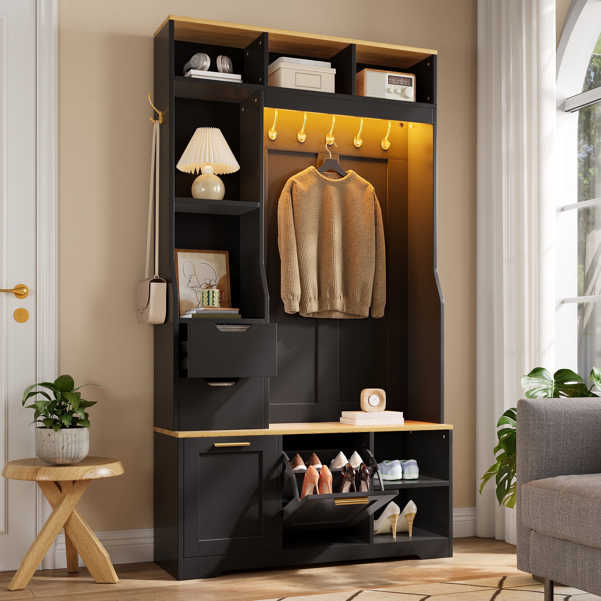 Merax Garderoben-Set mit LED-Beleuchtung, Sitzbank, Schuhschrank & Regenschirmhalter, (Eingangsbereich Flurgarderobe Flurmöbel-Set, 1-St., 100 x 32 x 186 cm), m – Bild 2 von 5