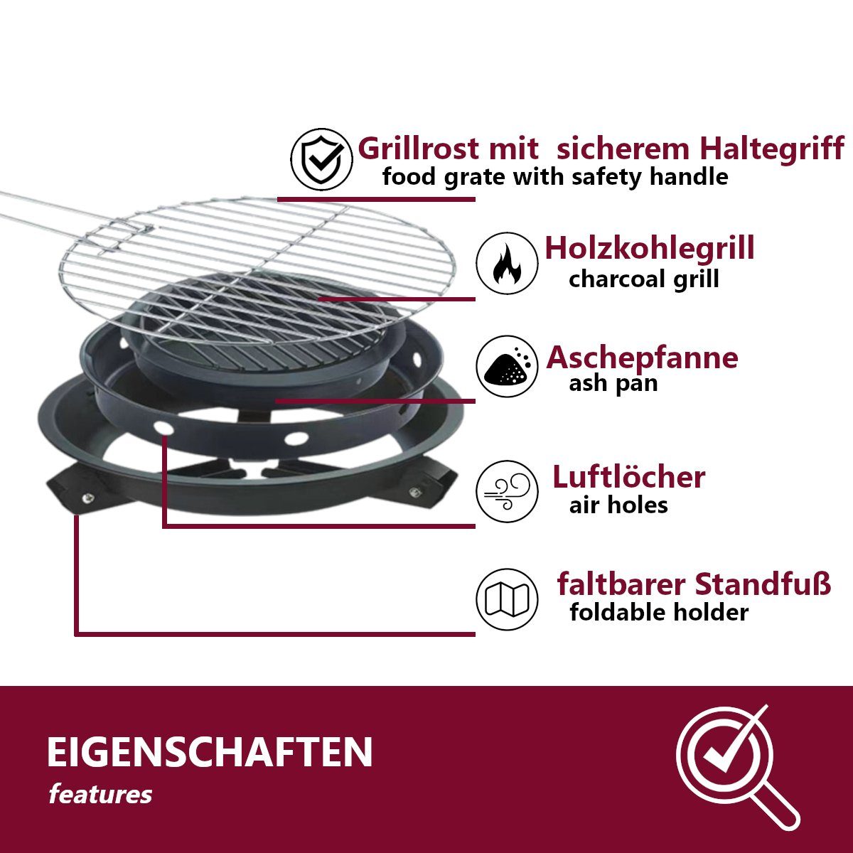 HOOZ Holzkohlegrill für Camping und Outdoor portabler klappbarer Grill mit Tasche, Set, Ø 32 x 19 x 32 cm, auch mit Feuerholz zu verwenden