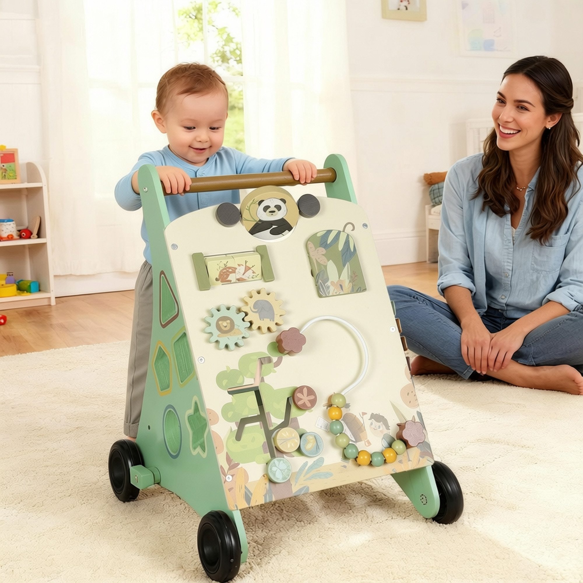 AIYAPLAY Lauflernwagen Montessori Lauflernhilfe mit Geschwindigkeitskontrolle, Xylophon, (Set, 1-tlg., Lauflernwagen mit Formenblöcken), Montessori, einstellbare Radspannung