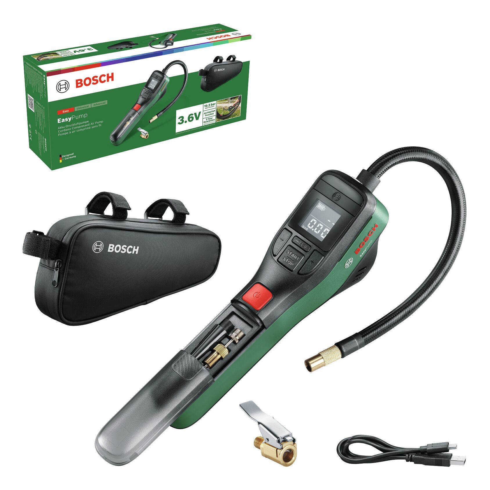 BOSCH Akku-Luftpumpe EasyPump, Druckluftpumpe m. integriertem Akku m. Luftpumpenadapter