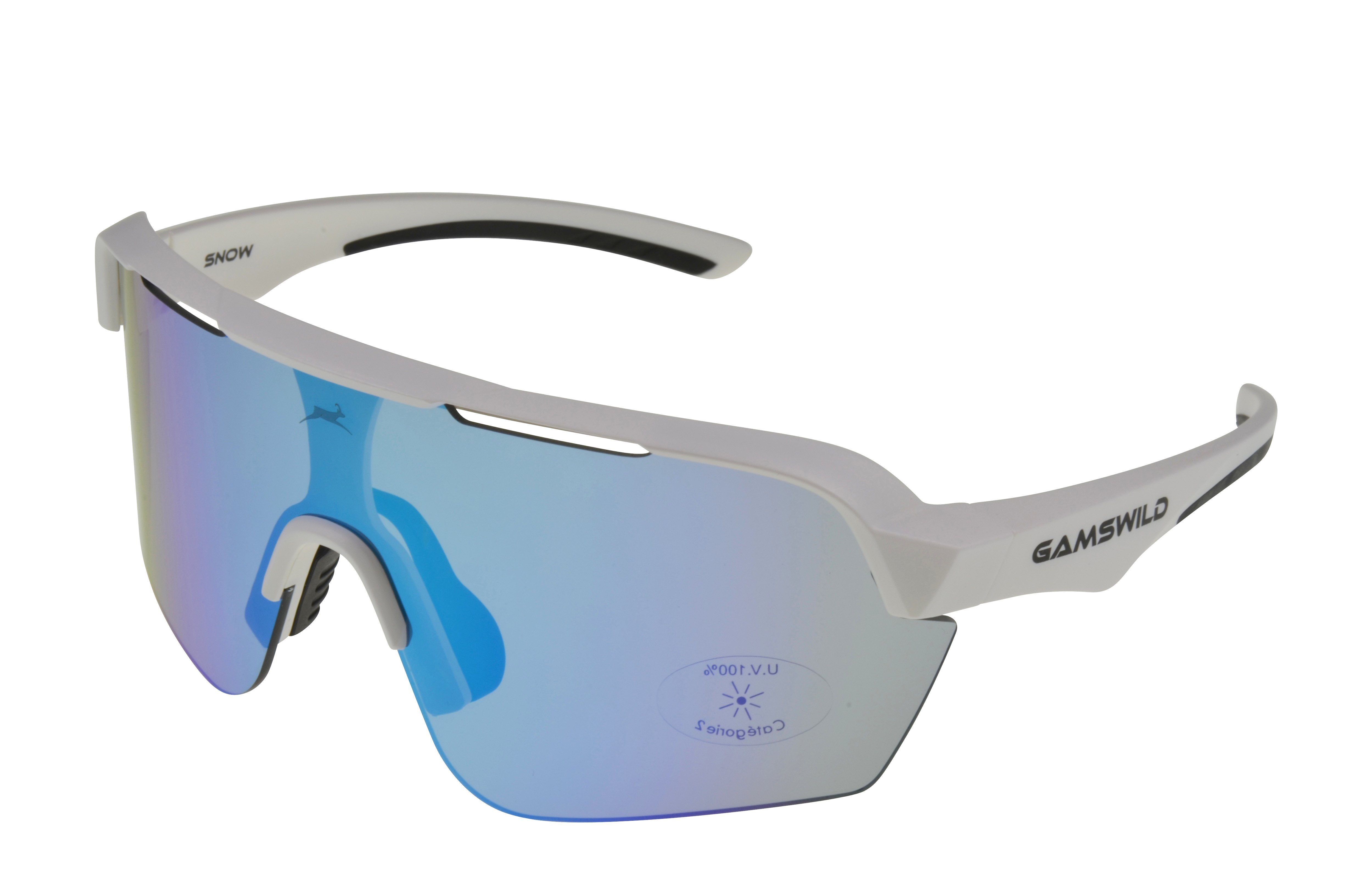 Gamswild Sportbrille WS7138 Sonnenbrille Fahrradbrille Skibrille Damen Herren Unisex, extra große Scheibe, pink, weiß, blau, schwarz, mintgrün weiß cat.2