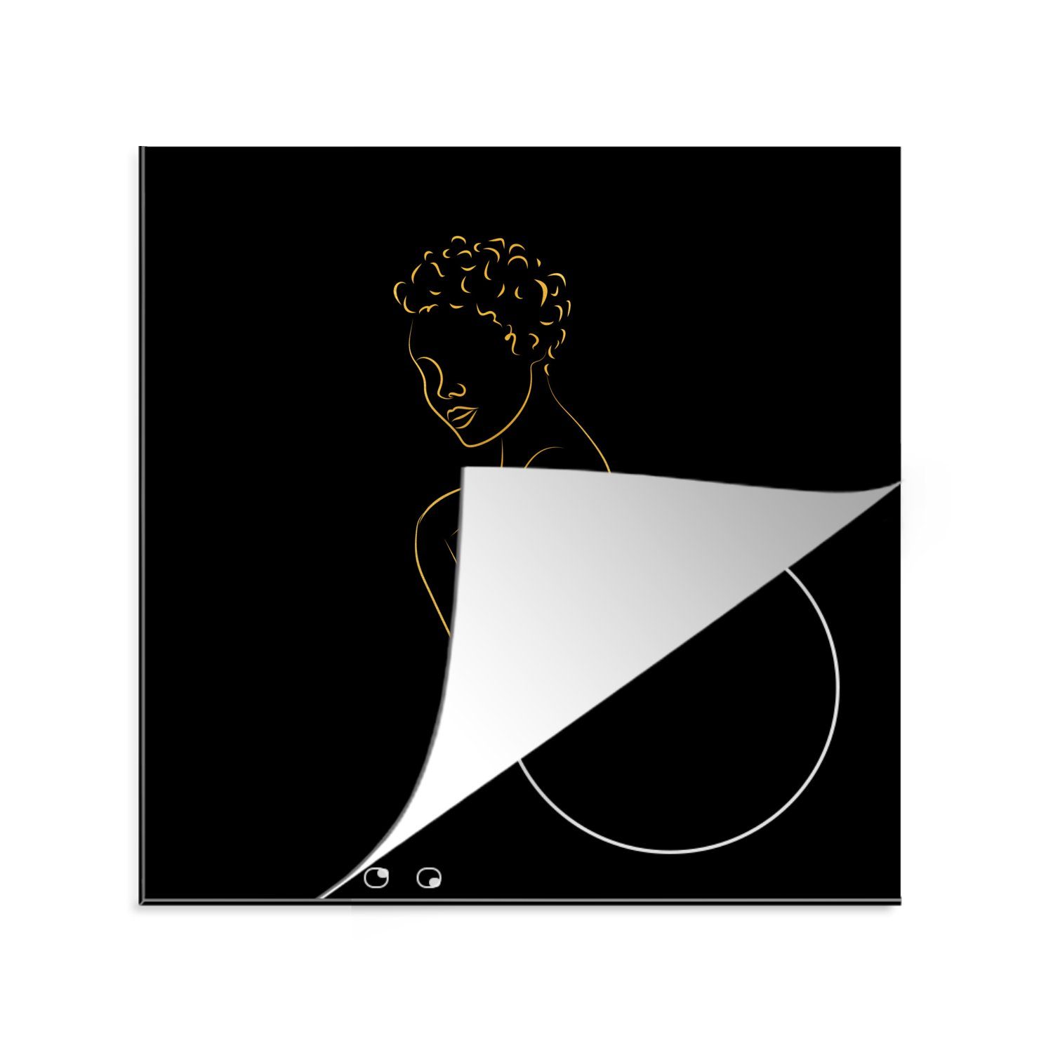 Frau Vinyl, - küche - Schwarz - cm, tlg), Strichzeichnung, für Gold Ceranfeldabdeckung, MuchoWow Arbeitsplatte 78x78 Herdblende-/Abdeckplatte (1