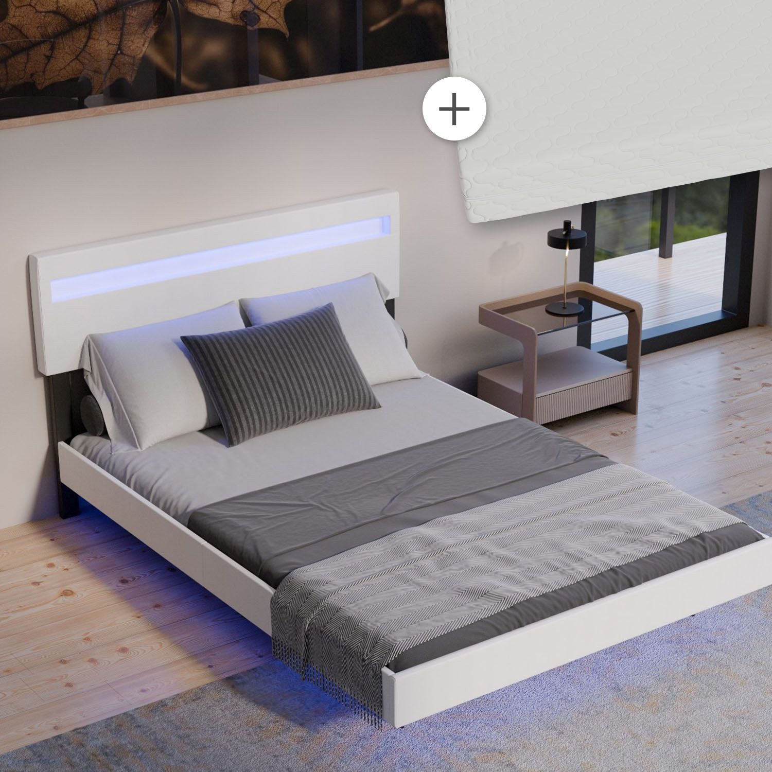 Juskys Polsterbett Lissabon, LED-Beleuchtung, Matratze, verstellbares Kopfteil, Schwebebett