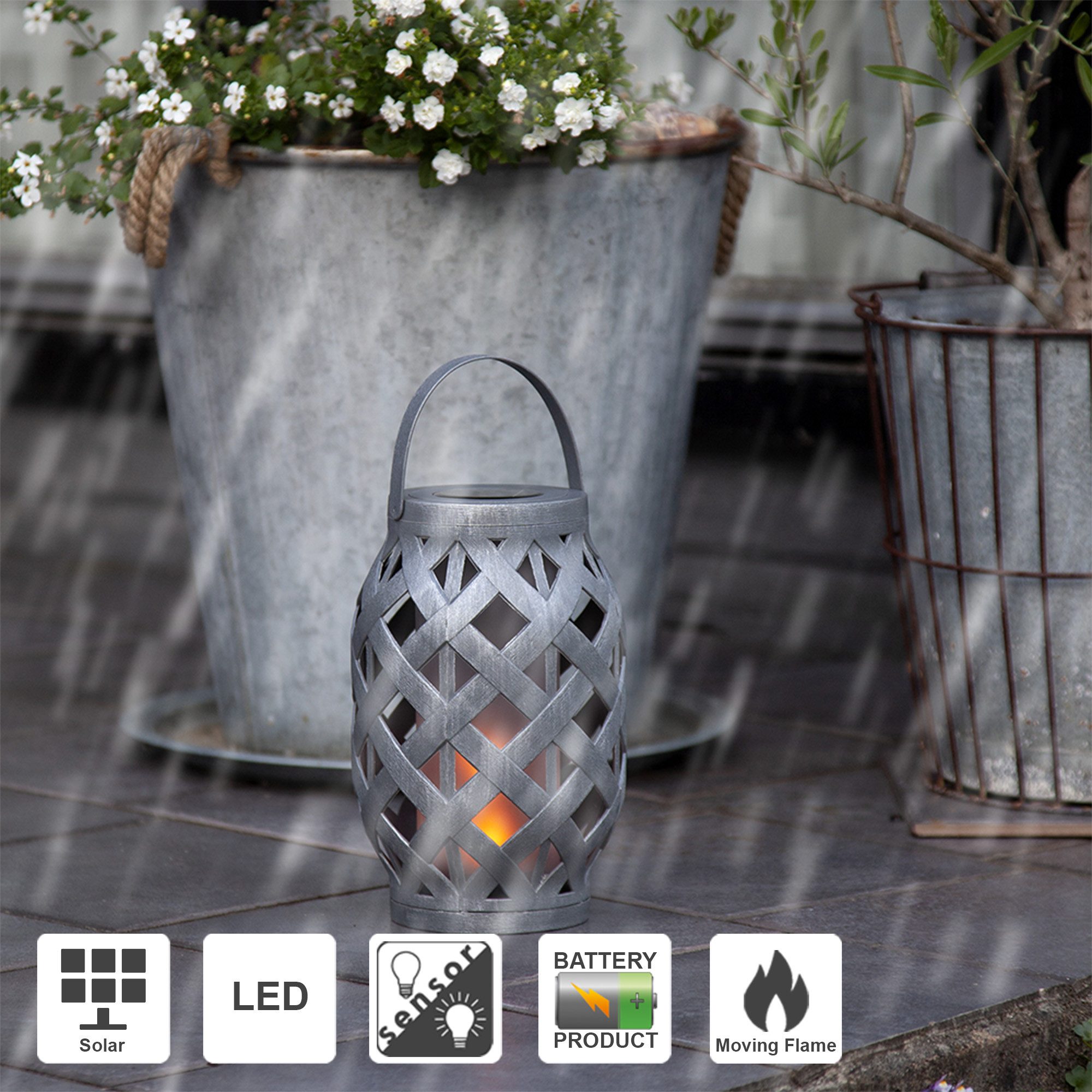 STAR TRADING LED Solarleuchte Flame, LED Outdoor-Laterne,Flame Lantern, Batterie und Timer, grau, 23cm, Ø